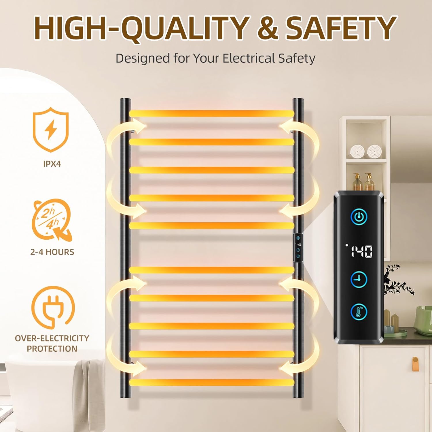 Towel Warmer Rack for Bathroom, Heated Towel Rack Wall Mounted, Stainless Steel, Warmers Rack for Bathroom, Fast Heating, Smart Timing & Temperature Control, Plug-in, Black