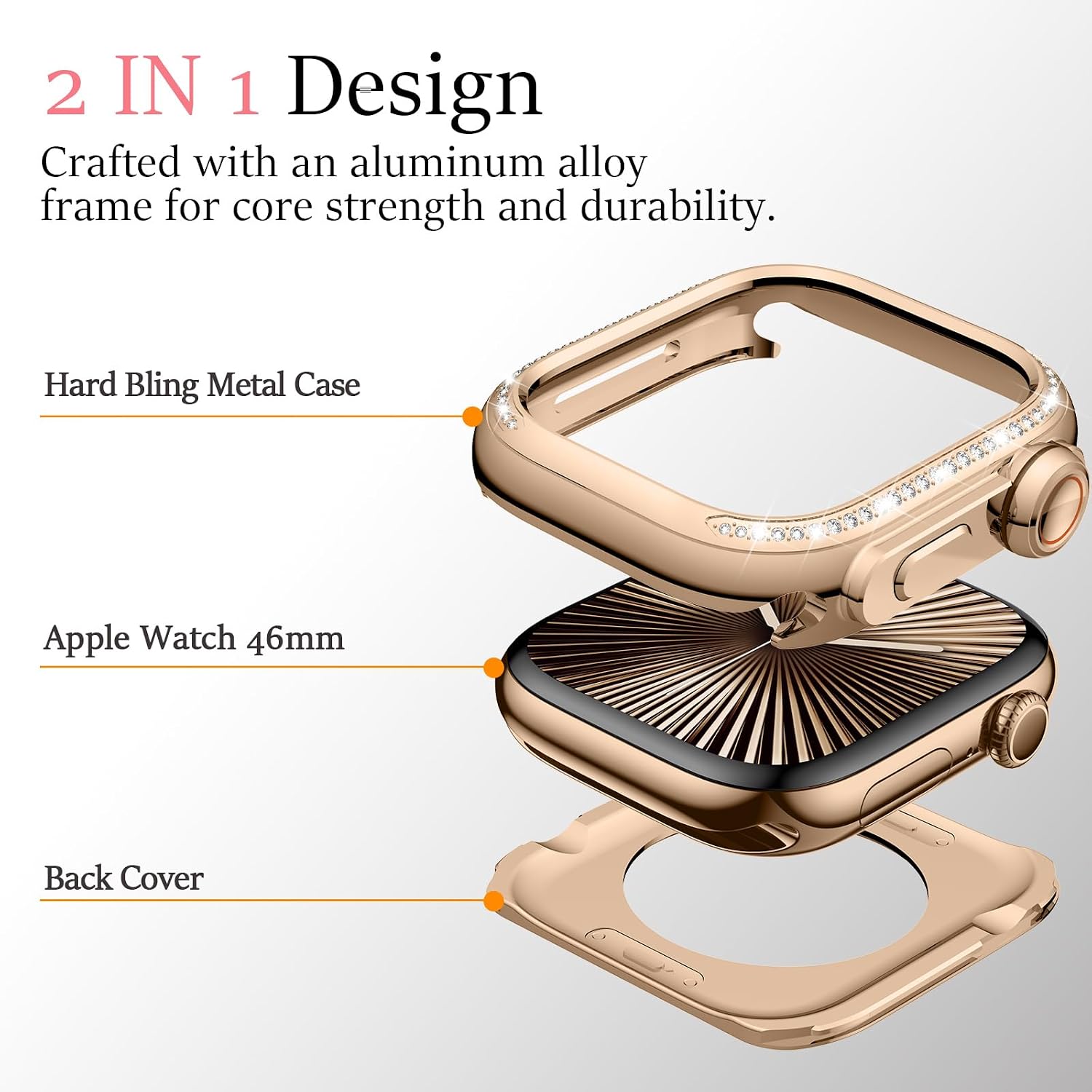 Amizee 2 in 1 Metal Bling Case Compatible with Apple Watch Series 11/10 46mm for Women, Glitter Diamond Protective Metal Bumper Protector Cover for iWatch 46mm, Rose Gold/White