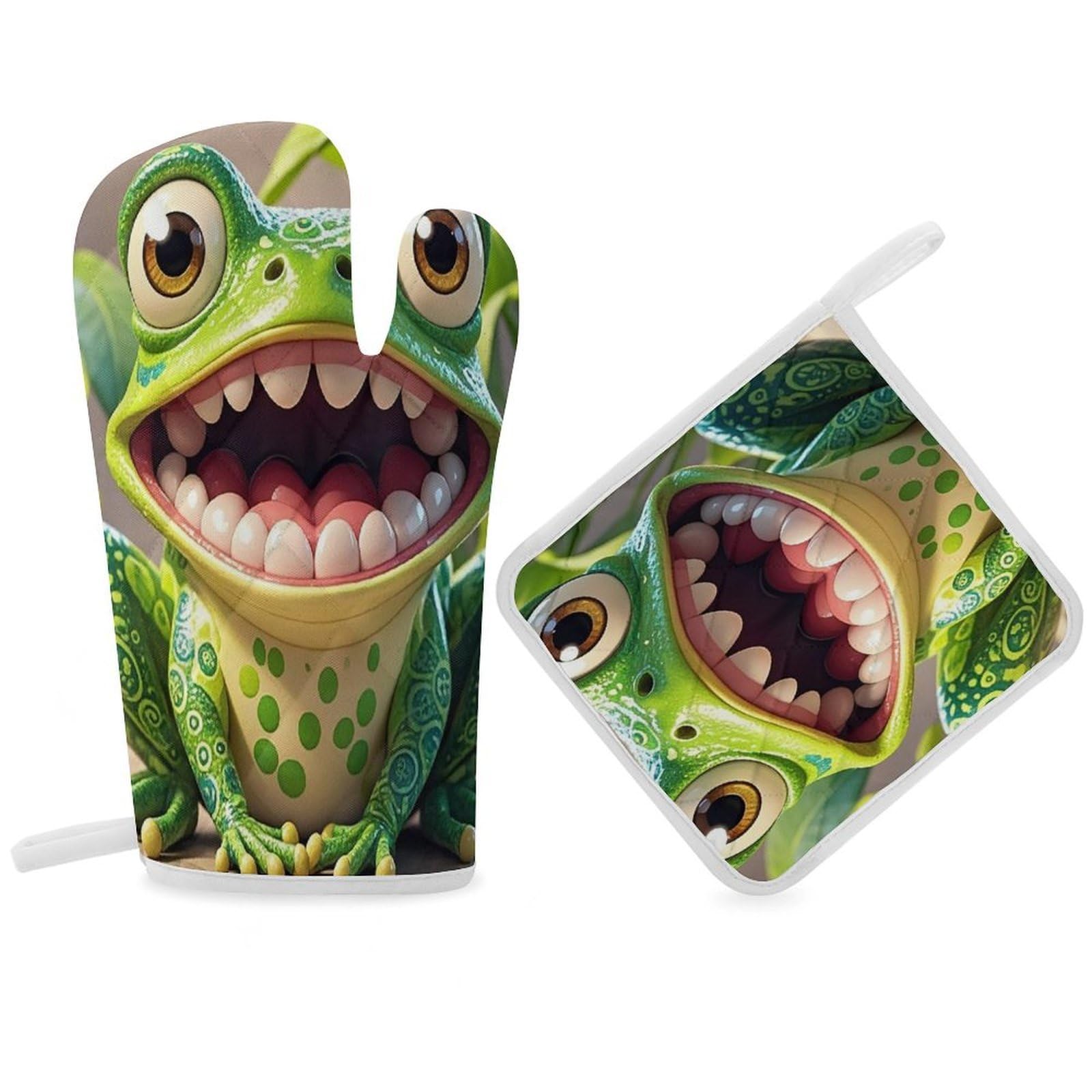 Frog with Mouth Open Cartoon Oven Mitt Gloves and Heat Insulation Pads Double-Layer Thickened Heat Insulation Mitt Temperature Oven Gloves for Cooking Baking Grilling