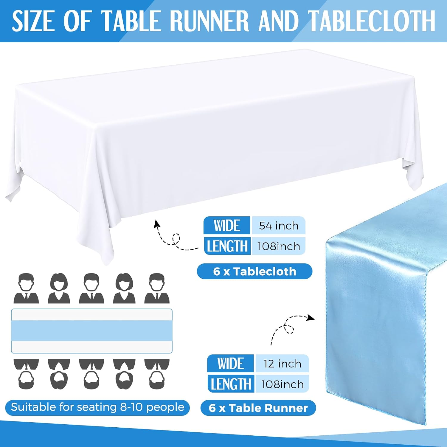 Tudomro 12 Pcs White and Blue Disposable Plastic Tablecloths and Satin Table Runner Set, 54 x 108 Inch Tablecloth, 12 x 108 Inch Table Runners for Wedding Baby Shower Birthday Party