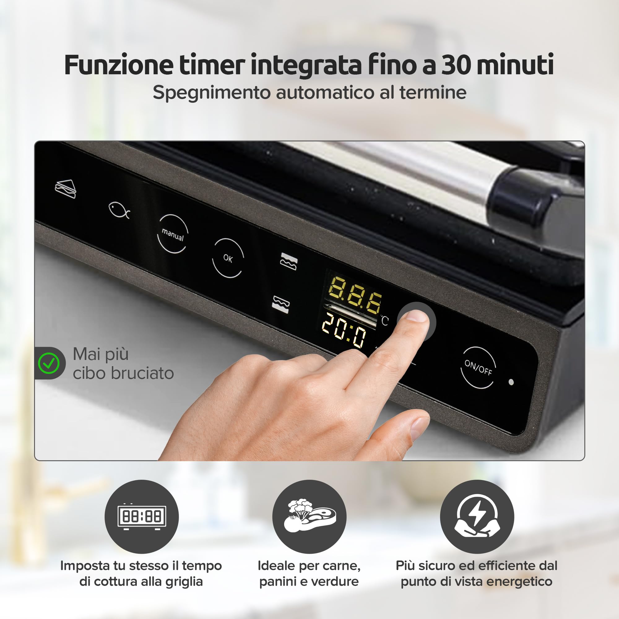 Olvy Piastra Grill con Touchscreen - Senza PFAS - 7 Programmi Automatici - Apertura 180° 1800W - Piastre Antiaderenti - Termostato & Timer - Piastra Panini & Tostiera in Acciaio Inox