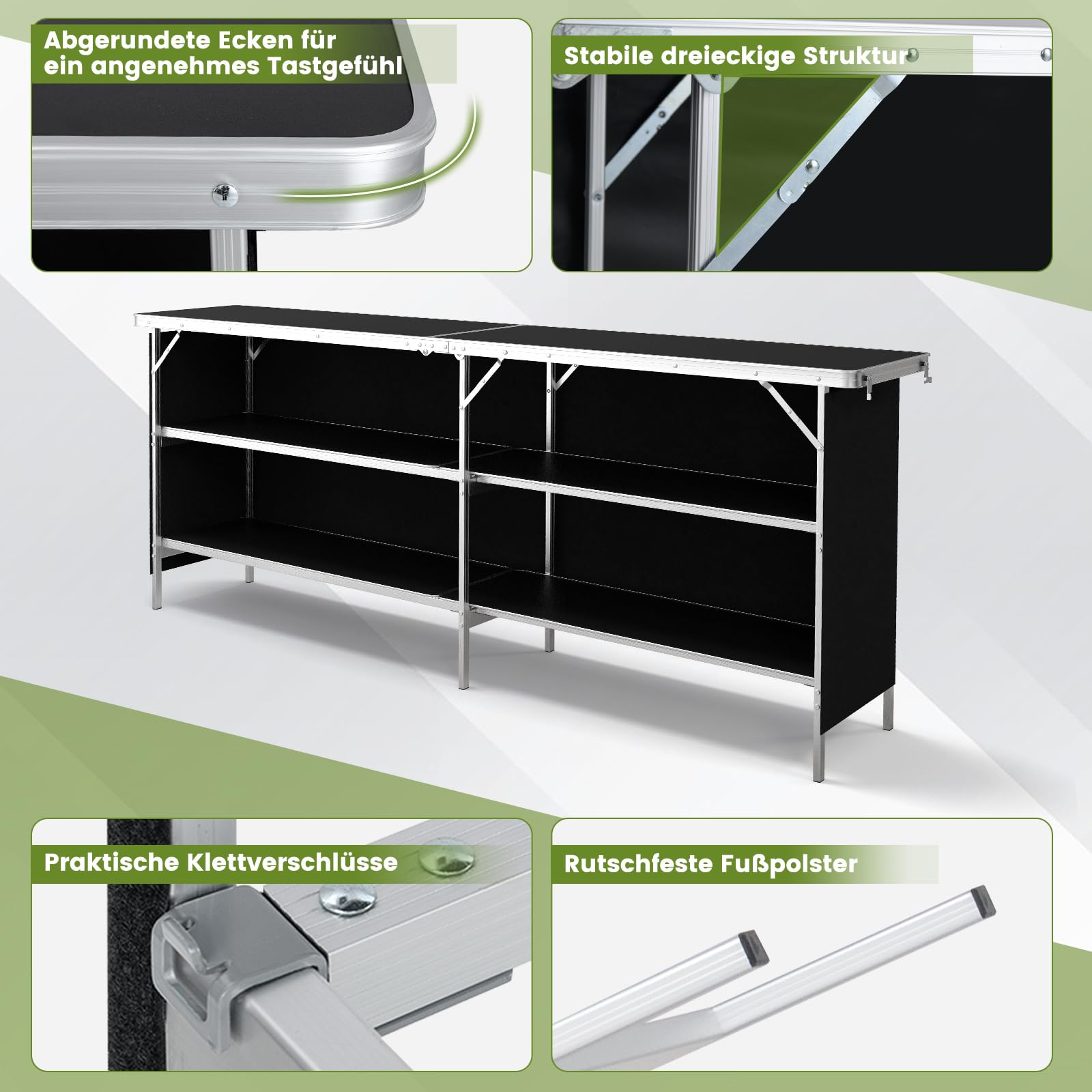 COSTWAY Campingschrank faltbar, tragbare Campingküche mit 2-stöckigen Regalen, Camping Faltschrank aus Aluminiumgestell, inkl. Tragetasche, für Picknick, Grillen, Partys, 206 x 38 x 83 cm
