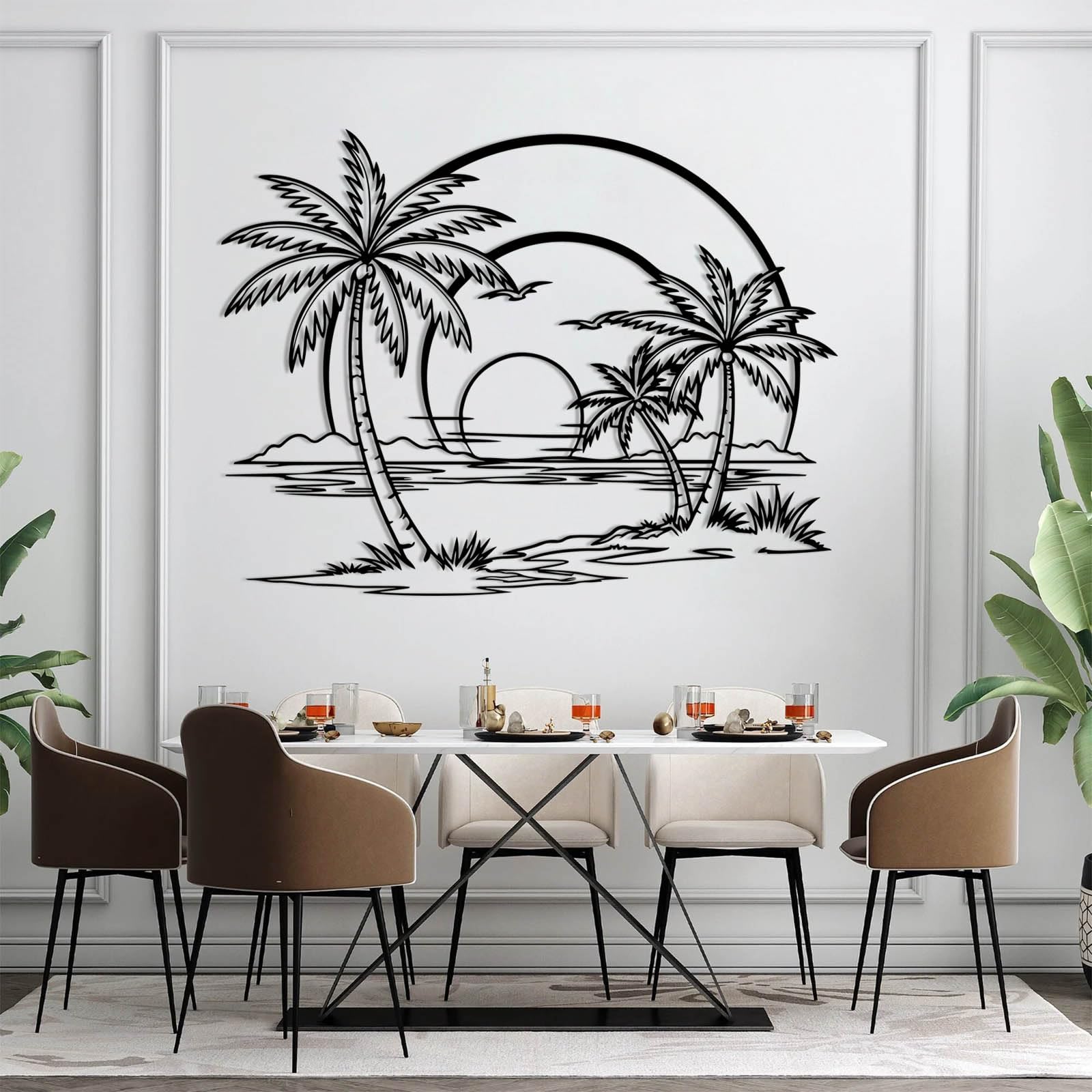 Schwarze Möwen aus Metall bei Sonnenuntergang, Tropische Palmen aus Metall bei Sonnenaufgang, minimalistische Palmen-Dekoration, Moderne Skulptur für Wohnzimmer, Schlafzimmer, Flur und Trepp