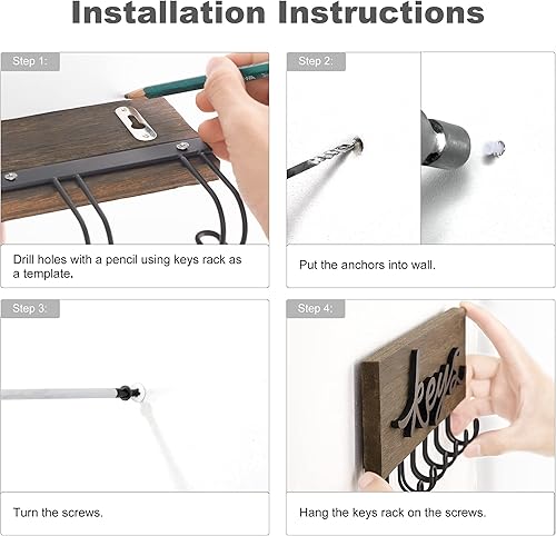 Miniatura 6 de Mkono Soporte para llaves decorativo de pared con 7 ganchos, organizador de llaves montado en la pared, ganchos colgantes de madera rústica, ganchos