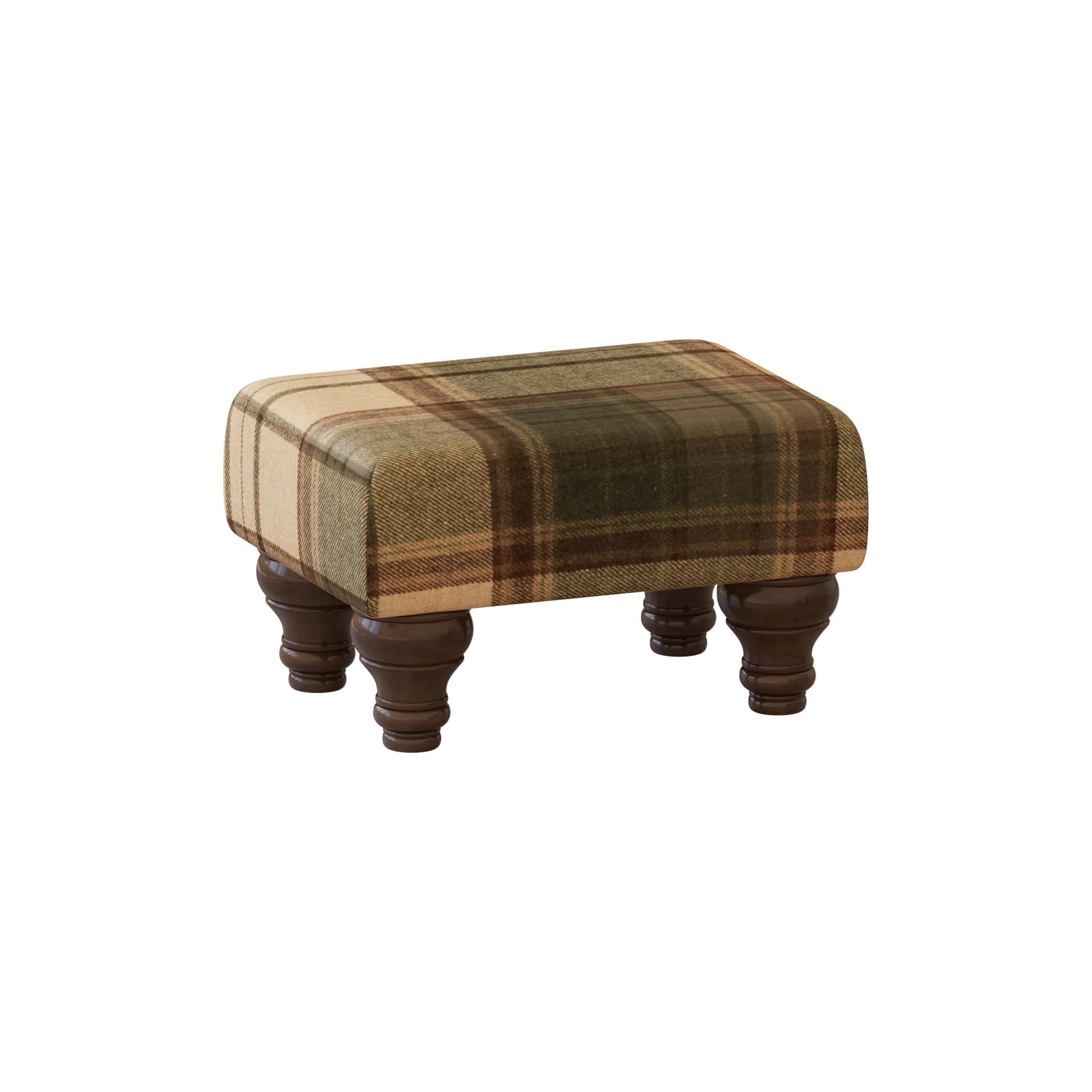 Footstools Direct Olive Green Wool Tartan Fabric Large Footstool, Rectangular, W 450mm x D 330 x H 264mm, Mahogany Turned Legs, Yorkshire Made, Sofa Foot Rest and Bedroom Accent Stool