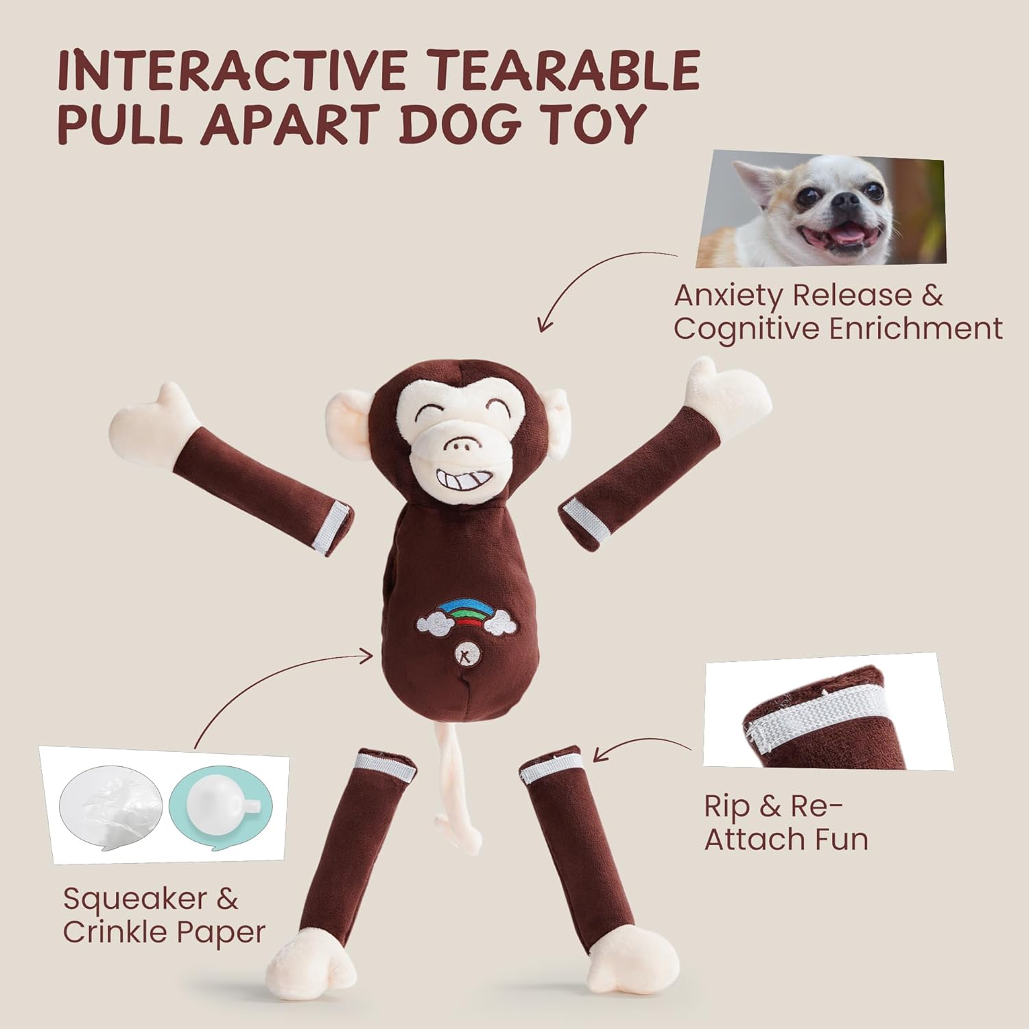 Nocciola Tearable Pull Rip Apart Dog Toys with Squeaker & Crinkle - Interactive Stuffed Plush Puzzle Enrichment Chew Toys for Small Medium Large Breeds