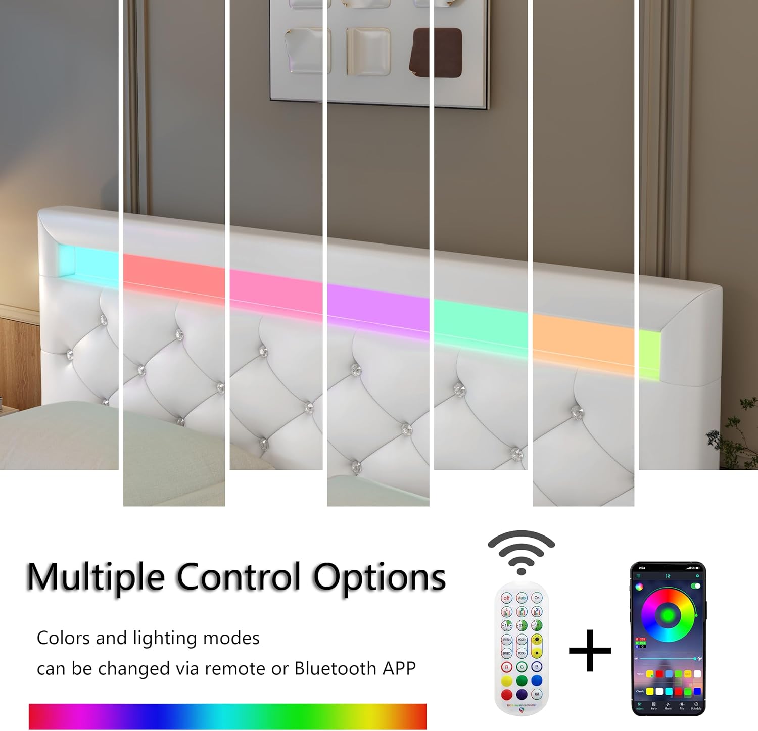 TTVIEW Queen Bed Frame with LED Lights, Leather Platform Bed Frame with Adjustable Upholstered Headboard, APP Control LED Lights, No Box Spring Needed, White