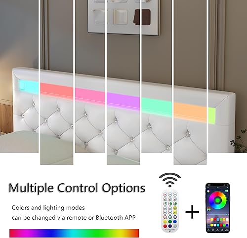 Miniatura 5 de TTVIEW Base de cama de tamaño matrimonial con luces LED, marco de cama de plataforma de cuero con cabecera tapizada ajustable, luces LED de control
