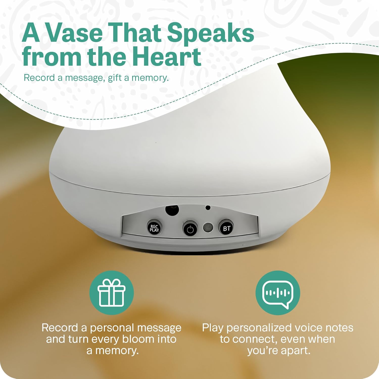 Animated Vase with Bluetooth Speaker - 8.5” Tall |Interactive Smart Flower Vase | Responds to Voice, Touch & Motion | Records Custom Messages | 2 inch Opening, Pure Ivory White