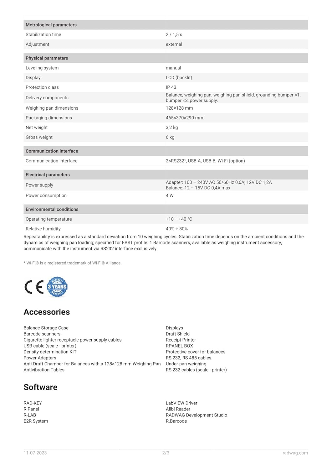 Datasheet page 2 for Radwag PS 200/2000.R1 Precision Balance, showing physical, communication, electrical, environmental parameters, accessories, and software