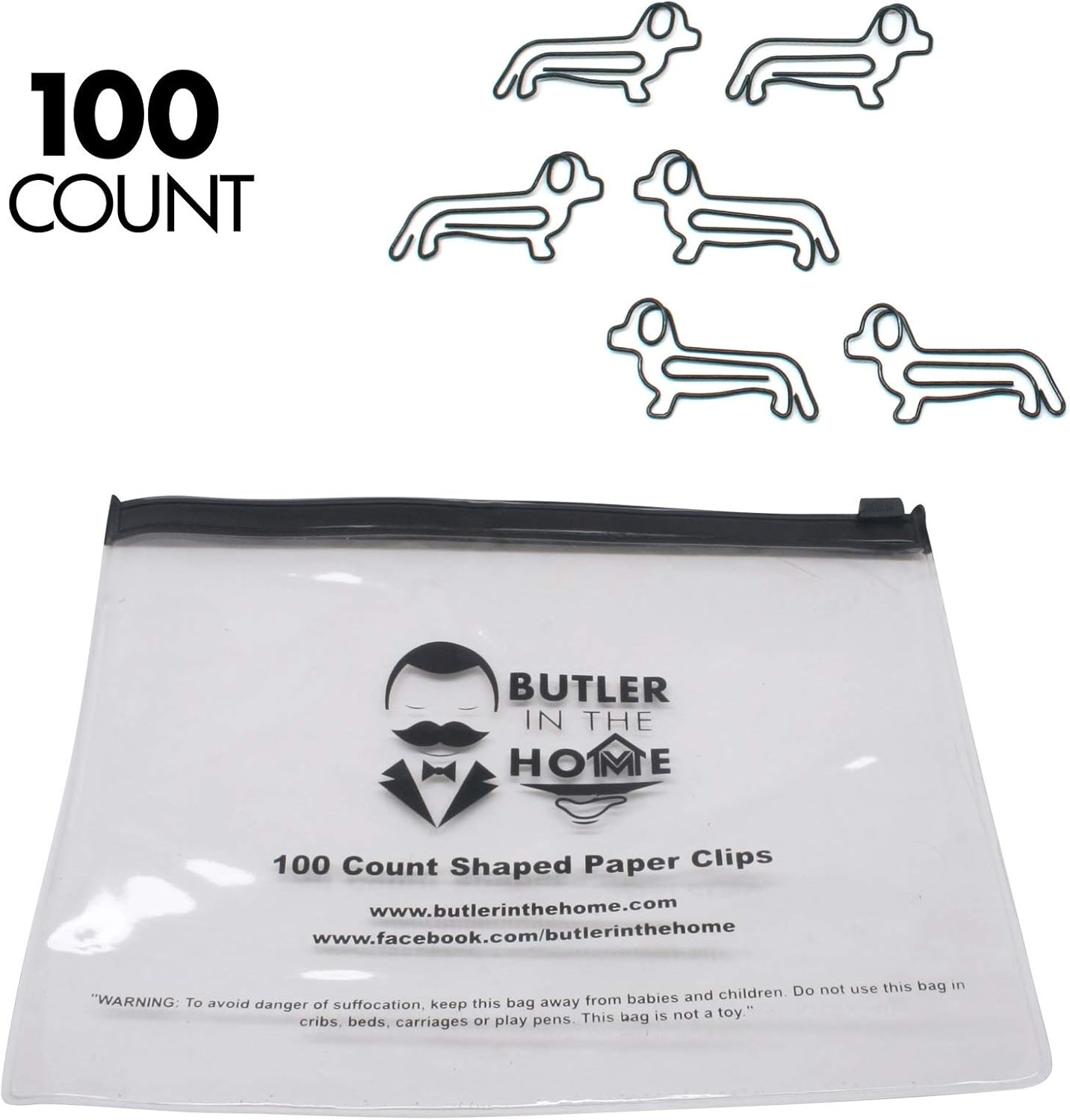 Butler in the Home Dog Dachshund Shaped Paper Clips Great for Paper Clip Collectors or Dog and Pet Lovers (Black 100 Count Refill Bag (No Tin))