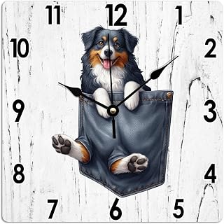 Australian Shepherd Art Clock Australian Shepherd Funny Pocket Peeking Dog PVC Home Decor Wall Clock Battery Operated Silent Dog Mom Gift for Dinning Living Room 10x10in