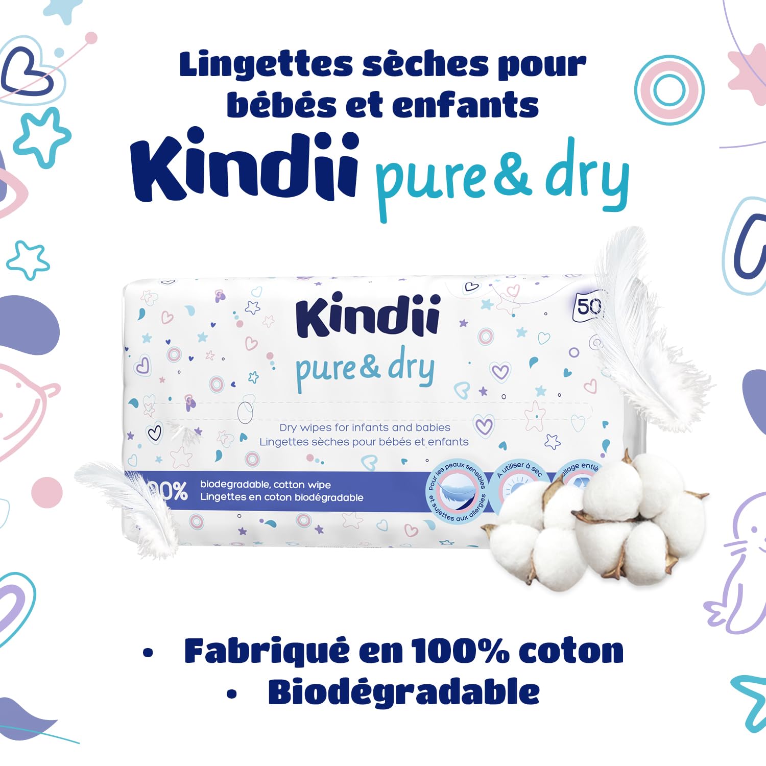 Kindii Pure&Dry Lot de Lingettes Bébé - (50 Pièces) Lingettes Sèches - Ultra douces pur coton, pour peaux sensibles, sans parfum et alcool, lingettes démaquillantes jetables - 50 Pièces