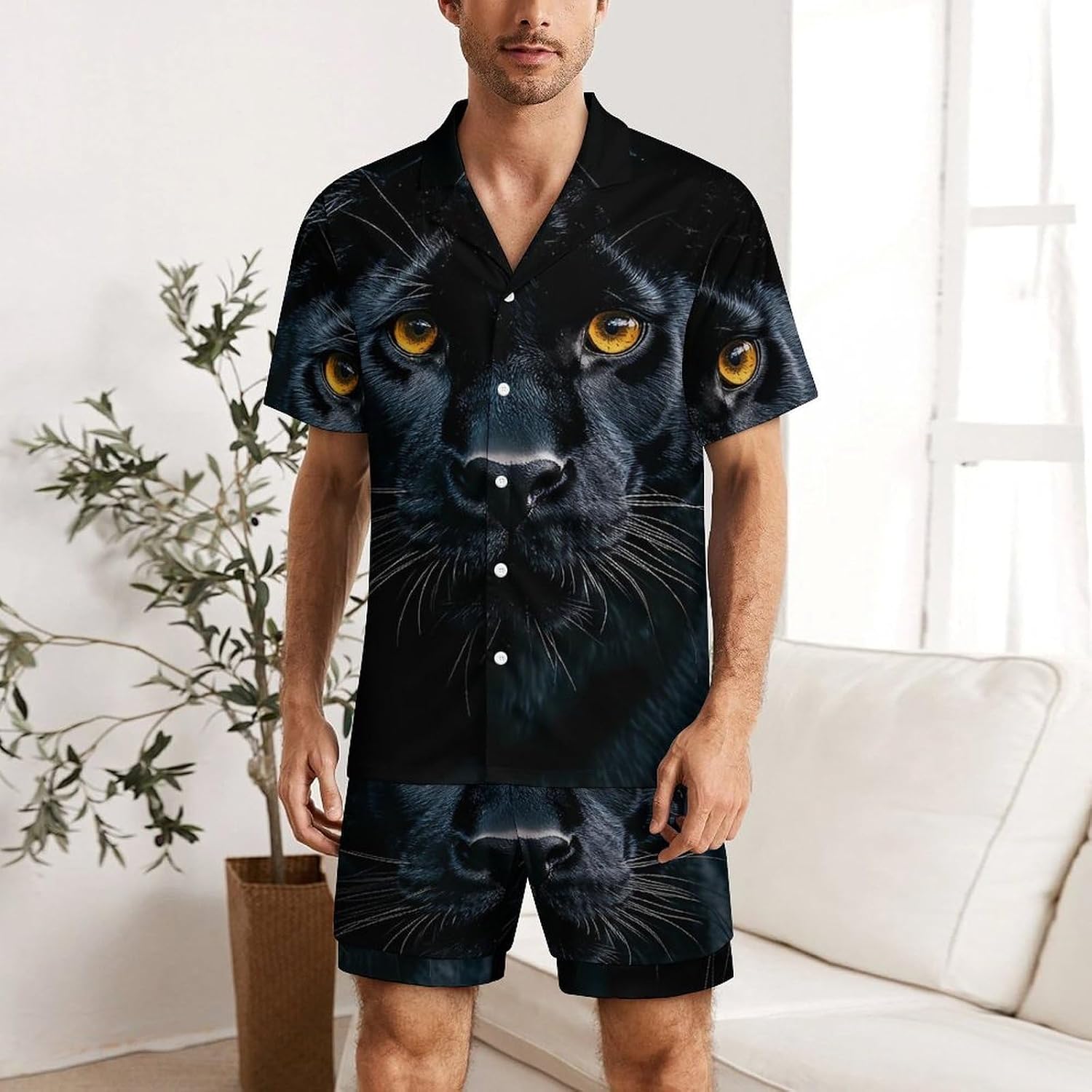 Panthers In The Dark Men's Short Sleeve Pajama Set Satin Silk Like Lounge Sleepwear
