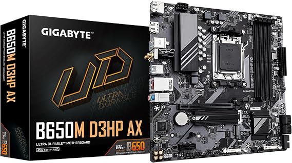 GIGABYTE B650M D3HP AX (rev. 1.0) AMD AM5 mATX Motherboard, Support Ryzen 9000/8000/7000 Series, DDR5, 5+2+2 Power Phase, 2X M.2, PCIe 4.0, USB-C 3.2 Gen 1, WIFI6E, 2.5 GbE, EZ-Latch, Q-Flash Plus