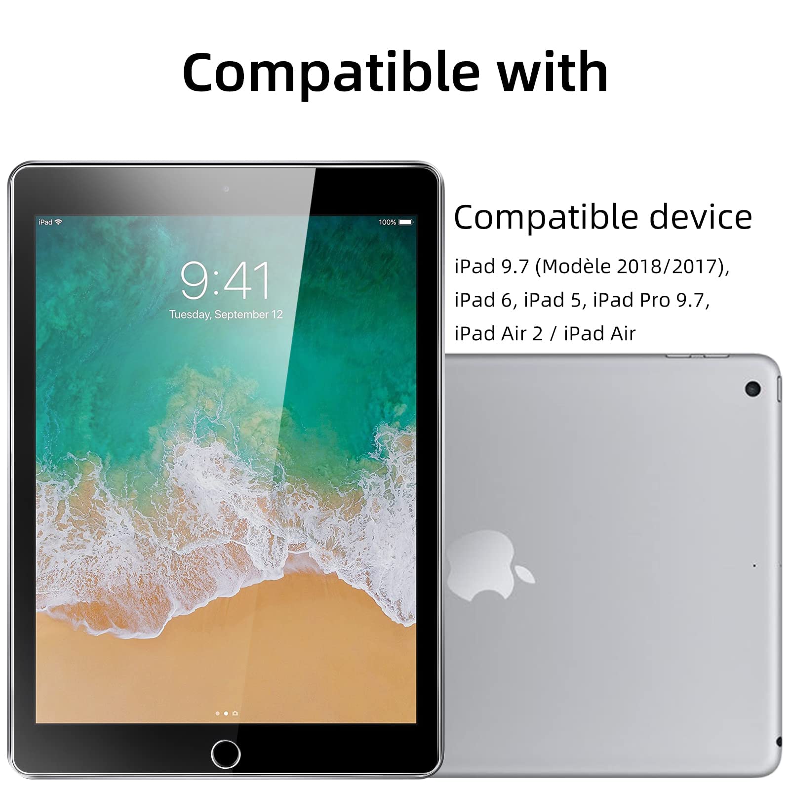 NEW'C zestaw 2 szt., osłona ekranu z hartowanego szkła do iPada 9.7 (model 2018/2017), iPad 6, iPad 5, iPad Pro 9.7, iPad Air 2 / iPad Air, folia ochronna na ekran - dostępne narzędzie do wyrównania