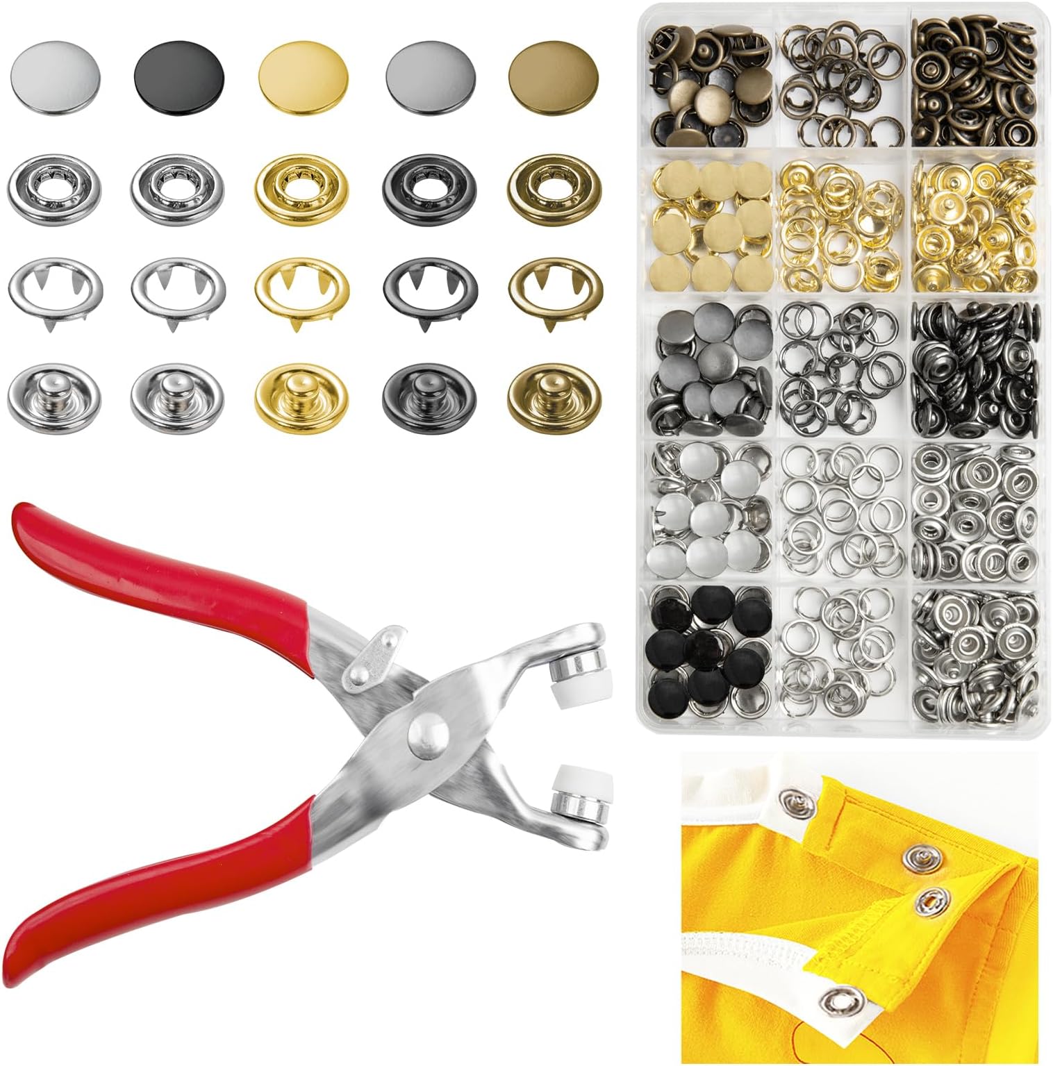 GTAAOY 100 Sets 9.5mm Metal Snaps Buttons with Fastener Pliers Press Tool Kit Perfect for Baby Crafts Clothes Hats and Sewing, Snap Button Fasteners Kit for Baby Clothing Sewing