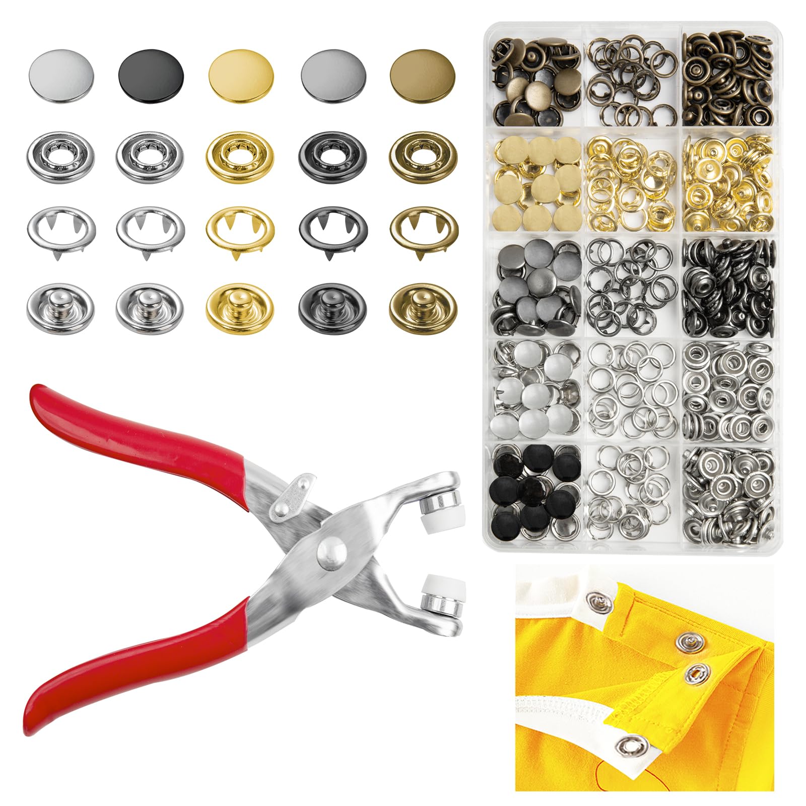 GTAAOY 100 Sets 9.5mm Metal Snaps Buttons with Fastener Pliers Press Tool Kit Perfect for Baby Crafts Clothes Hats and Sewing, Snap Button Fasteners Kit for Baby Clothing Sewing