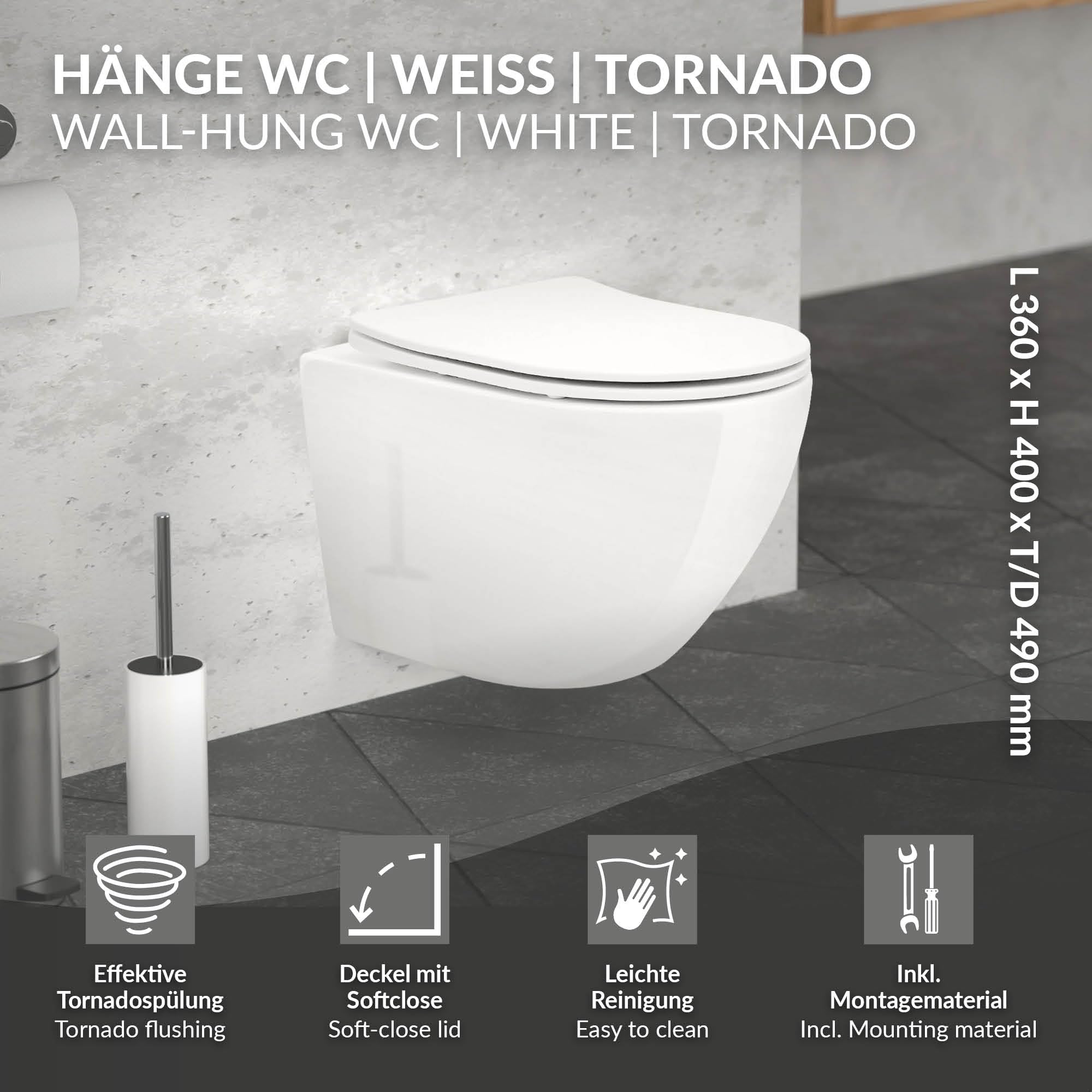 LuxeBath WC Sospeso Senza Bordo Vaso in Ceramica Bianco Corto 49 cm Risciacquo Scarico Tornado con Sedile Softclose Water Sanitari per Bagno Superficie Lucida Facile da Pulire