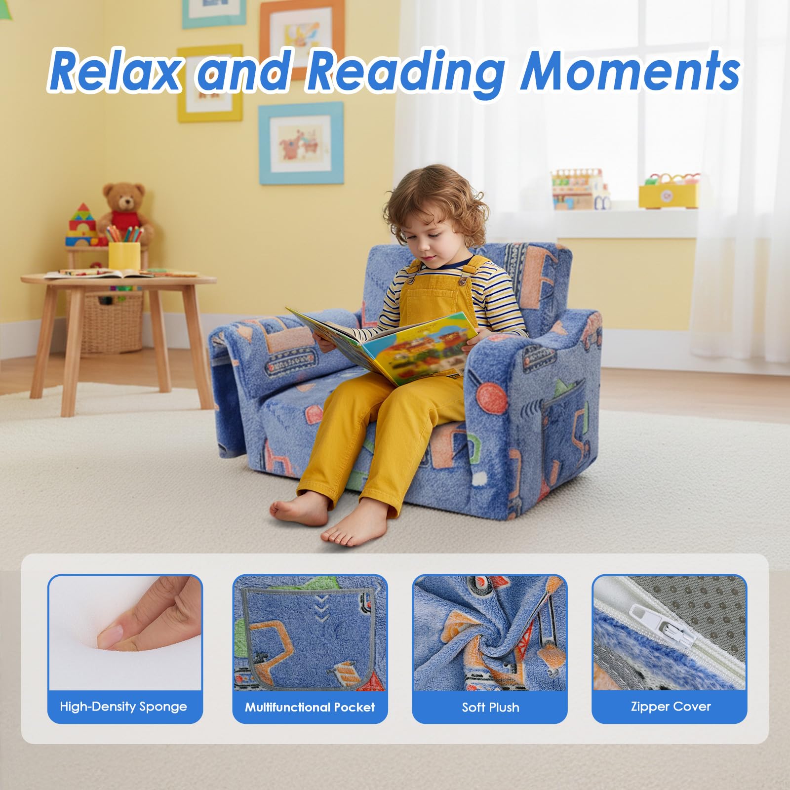 Convertible Sofa para Niños 2 en 1,Suave Cómoda Sofa con Manta para Niñas y Niños,Brilla en la Oscuridad Silla Plegable Niño para Dormitorio Sala de Juegos,Máquinas