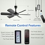 17.7" Inch Portable Ceiling Fan with Remote Control Timing 3 Speed,USB Plug In,5V DC Powered,6 Blades,Indoor/Outdoor RV Camping Tent Canopy,Gazebo,Beach,Hanging,Quiet,black