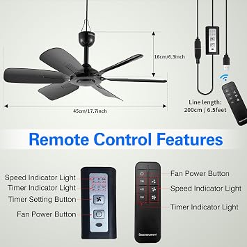 17.7 Inch Portable Ceiling Fan with Remote Control Timing 3 Speed,USB Plug In,5V DC Powered,6 Blades,Indoor/Outdoor RV Camping Tent Canopy,Gazebo,Beach,Hanging,Quiet,black | 5V USB plug-in hanging fan, 6 blades and timer; quiet cooling for RV camping, tents, canopies, gazebos and covered patios