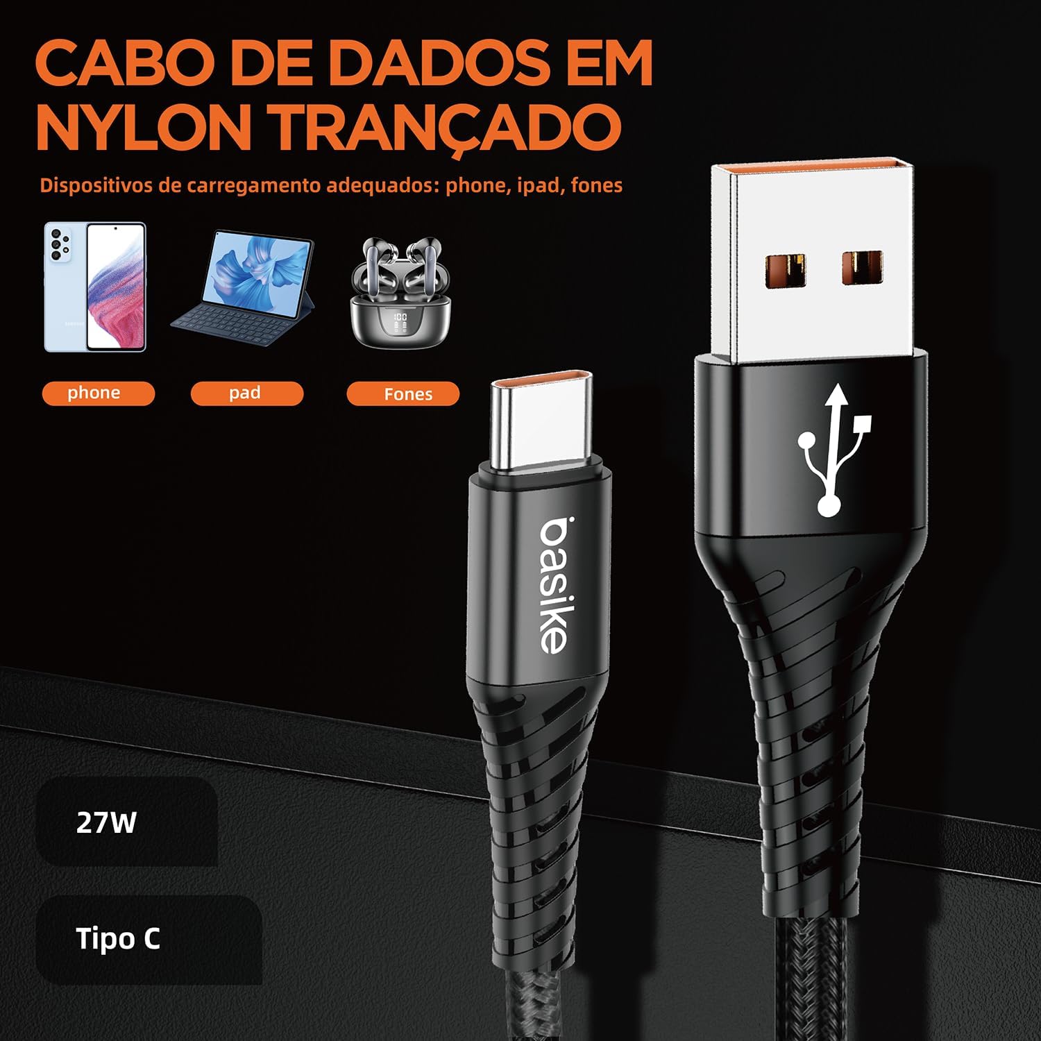 Basike Cabo USB-C (tipo C) para USB, 27W Carregamento Rápido, Nylon Trançado, 1MT (Preto)