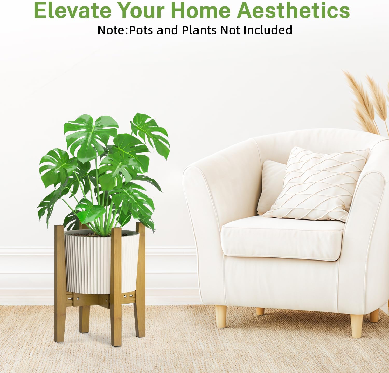 iDavosic.ly Adjustable Plant Pot Stand Indoor Outdoor, Mid Century Modern Bamboo Short Single Flower Holder Fits 8 to 12 Inch Large Heavy Duty Planter (Not Included) | Brown