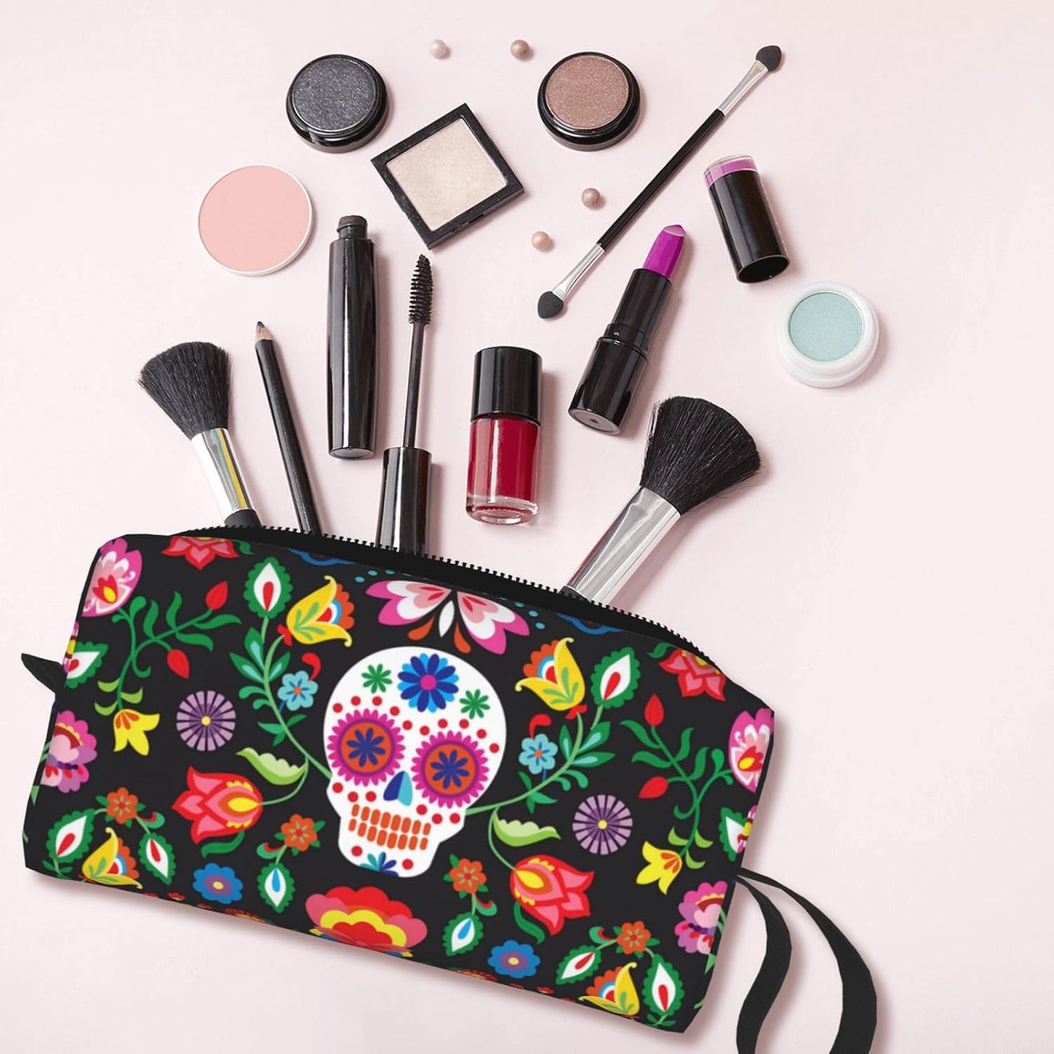 Mexican Skull Skeleton Floral Makeup Bag Organizer Small Cosmetic Bags Portable Travel Toiletry Bag With Handle Simple Accessories Storage Zipper Pouch For Women Girl image 3