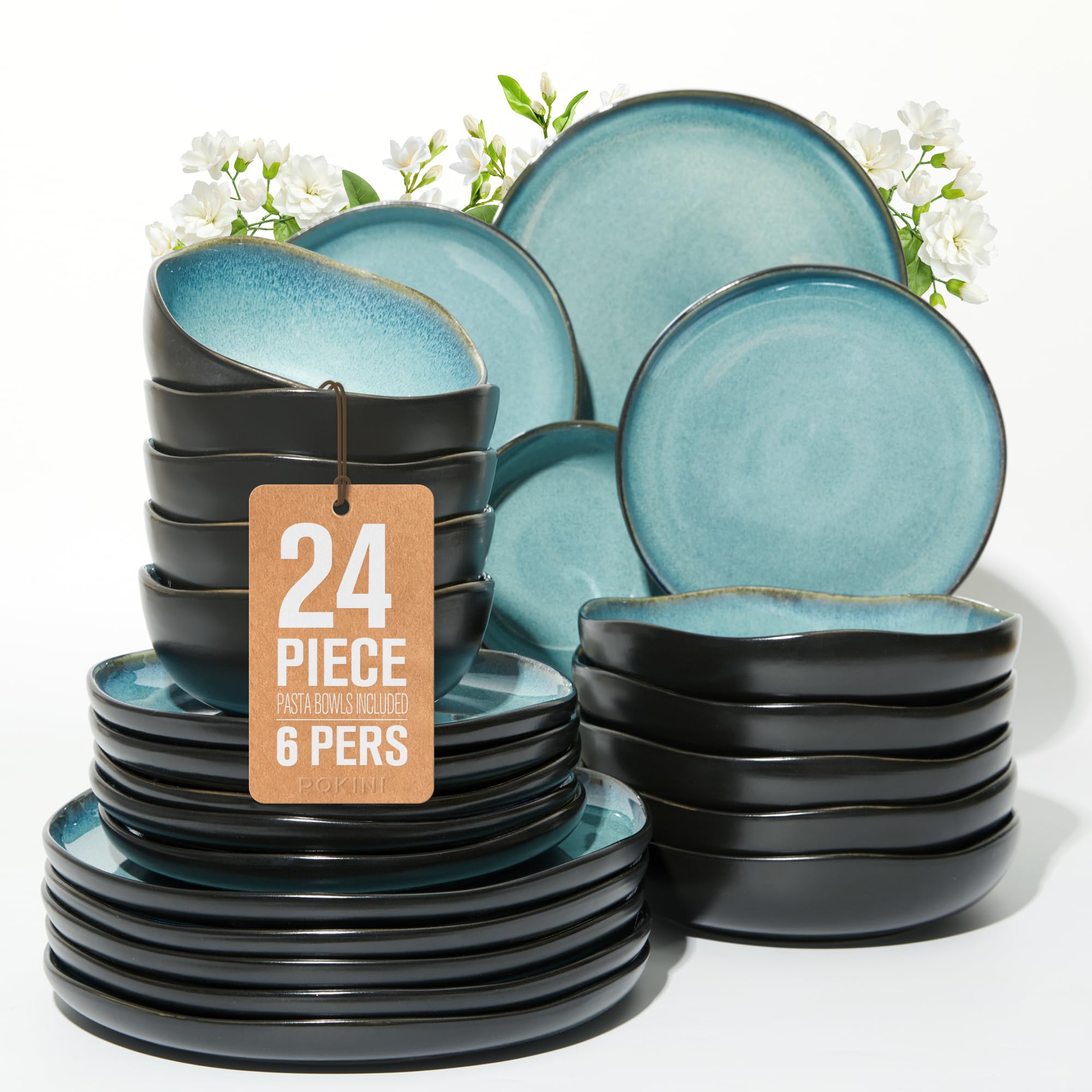 Pokini 24 Pieces Dinnerware Set for 6 with Pasta Bowls, Complete Ceramic Dish Set, Stackable &amp; Glossy Stoneware Plate and Bowl Set for Effortless Everyday Hosting, Green Black