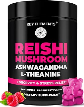 Natural Reishi Mushroom Gummies & L Theanine with Ashwagandha - Potent Mushroom Supplements for Immune Support, Stress Relief & Improve Sleep Gummies - Ashwagandha Gummies for Women & Men