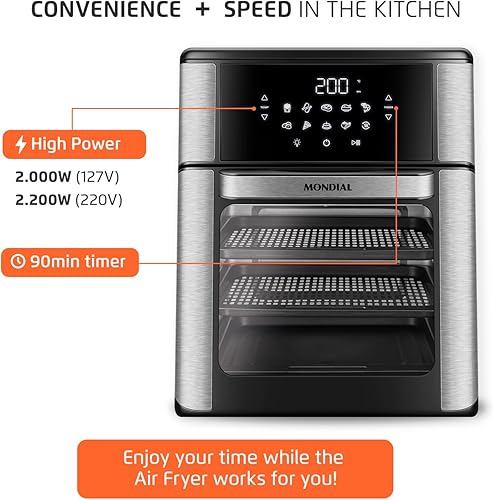 Miniatura 8 de Horno freidora de aire 1800W, capacidad de 12.7 cuartos de galón, panel de pantalla táctil, apagado automático - negro y acero inoxidable - Mondial