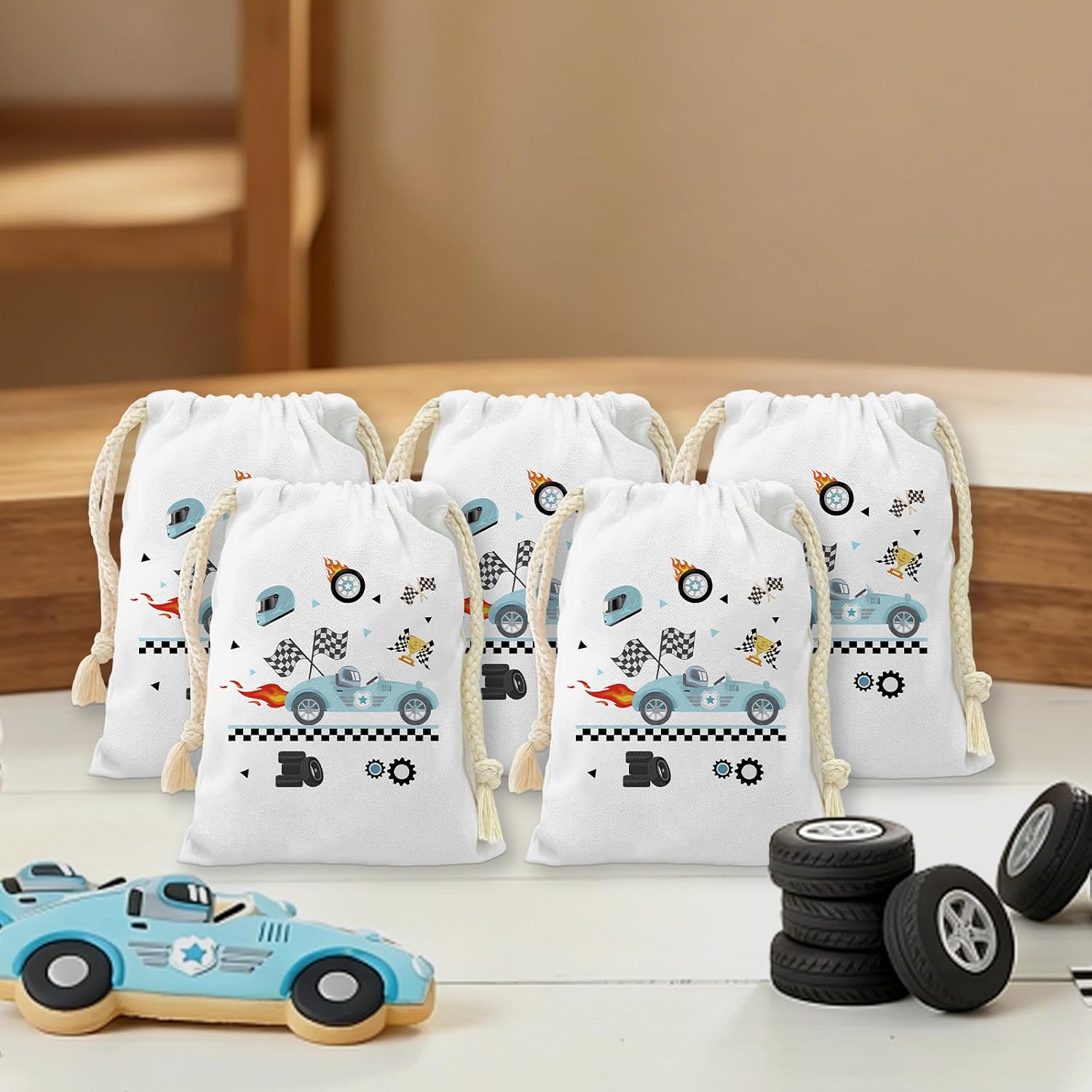Tarndom 12PCS 5.9 X 7.9 Inch Race Car Party Favor Goodie Bags Blue Racing Candy Treat Cotton Gift Bags with Drawstring for Boys Race Car Birthday Baby Shower Party Favors Supplies image 4