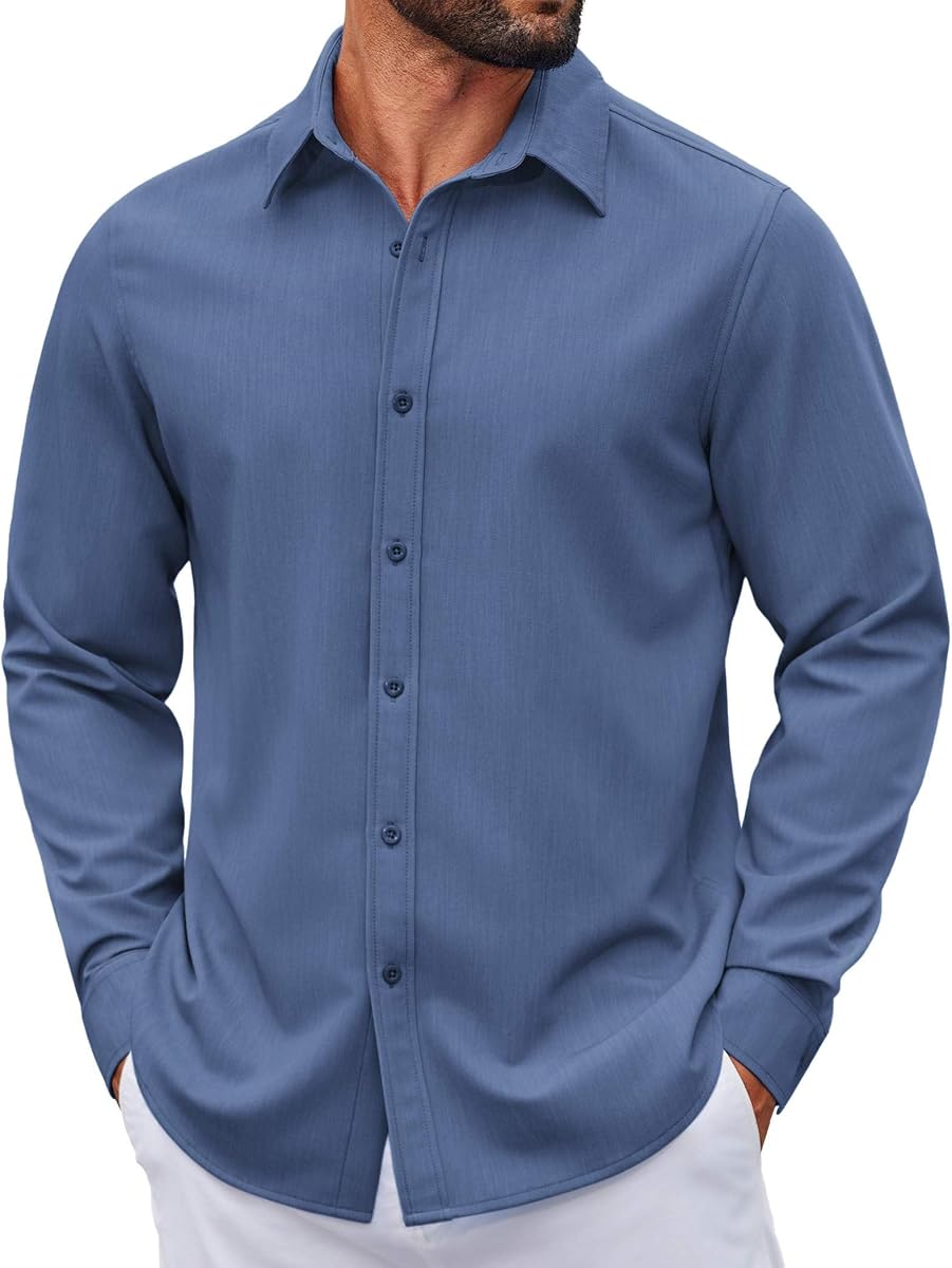 Camisa de vestir vaquera informal de manga larga con botones y botones para hombre