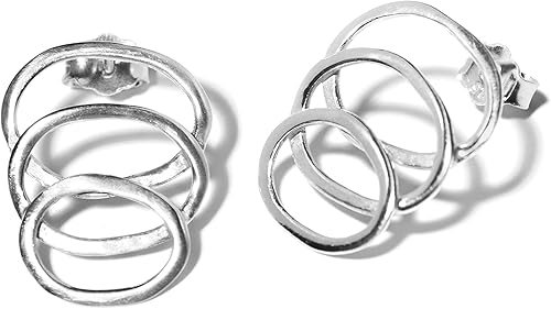 Aretes de plata de ley 925 hechos a mano, tres en uno, apilados, ovalados, diseño geométrico ligero, acabado pulido (0.8 in de largo)