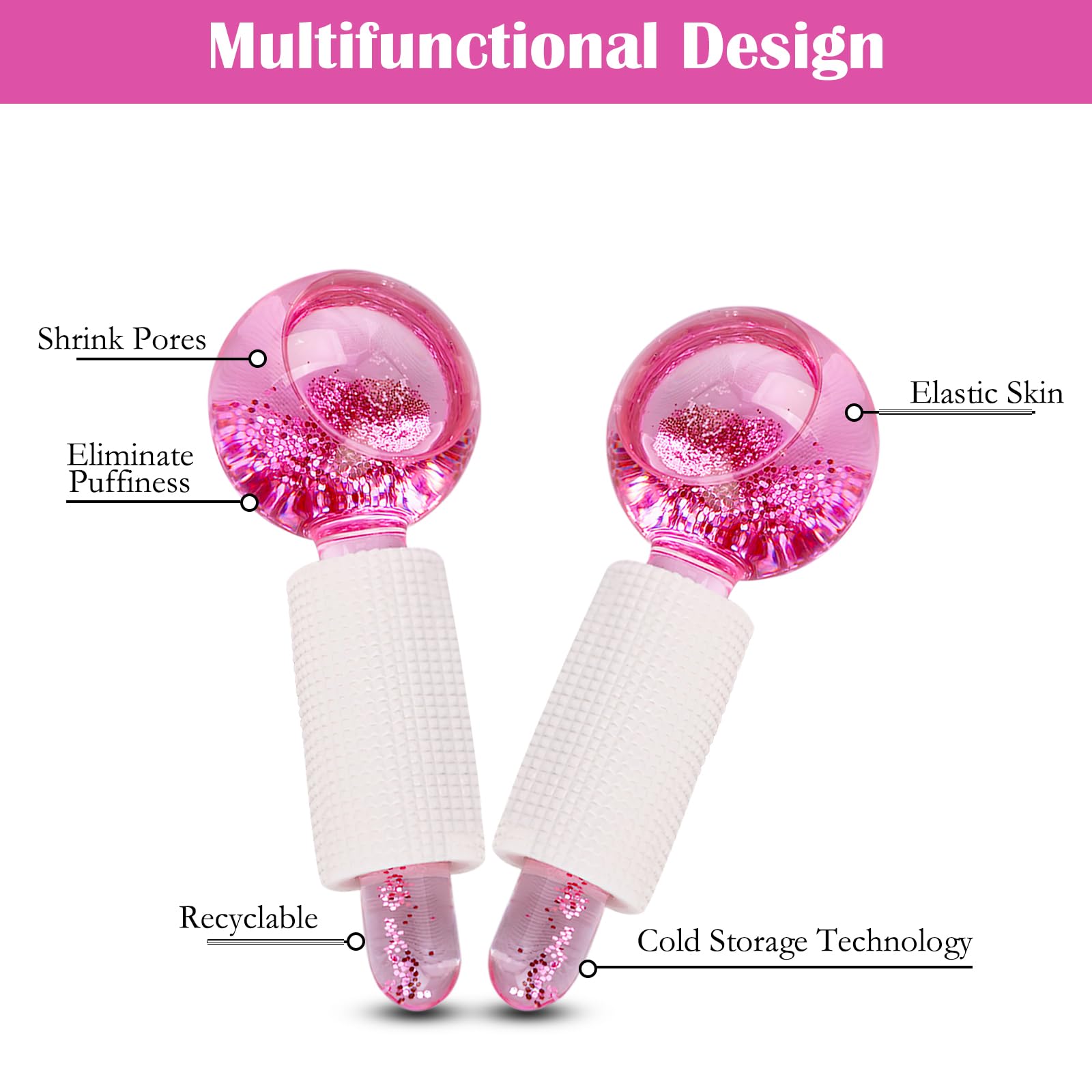 2 globos faciales de hielo para rostro, juego de bolas de enfriamiento para ojos y cuello, rodillo facial para tonificar la piel, reducir la hinchazón, ojeras, mejorar la circulación sanguínea (rosa)