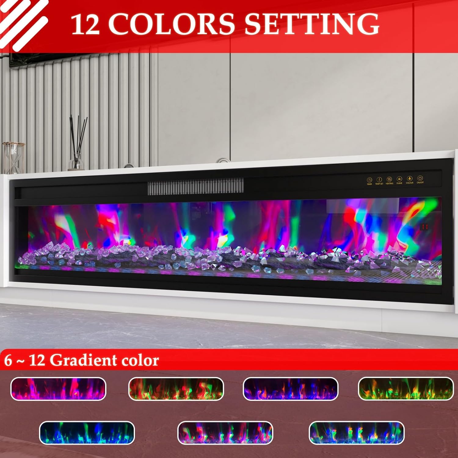 FUFU&GAGA 109.4” Fireplace TV Stand with 46” Electric Fireplace, 12 LED Lights, TV Media Console Table, LED Entertainment Center for Living Room, Matte White, 109.4”W x 15.7”D x 14.9”H