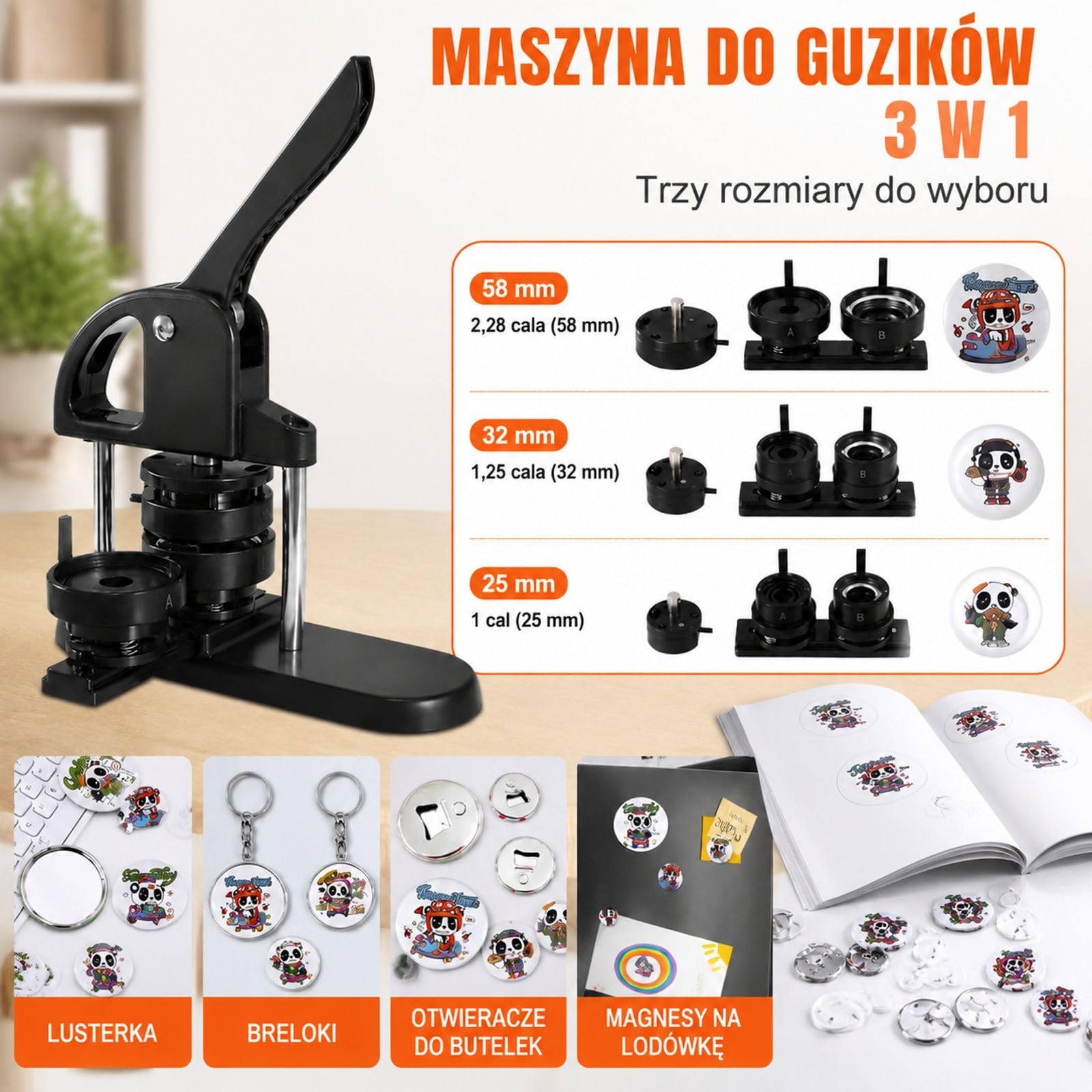 Prasa do przypinek 3 w 1 z plastikową obudową, czarno-pomarańczowa, matryce i akcesoria DIY