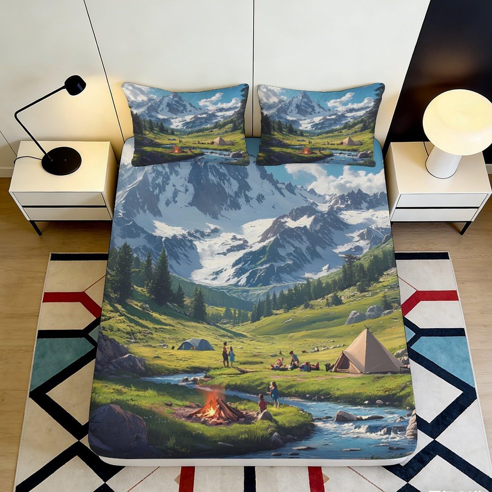 Pnayamiorkfel Style-2 3D Printed Mountain Camping Fitted Sheet Microfiber Scenic Landscape Bed Cover For Bedroom Guest Room Decor Easy Care 90X200x25cm