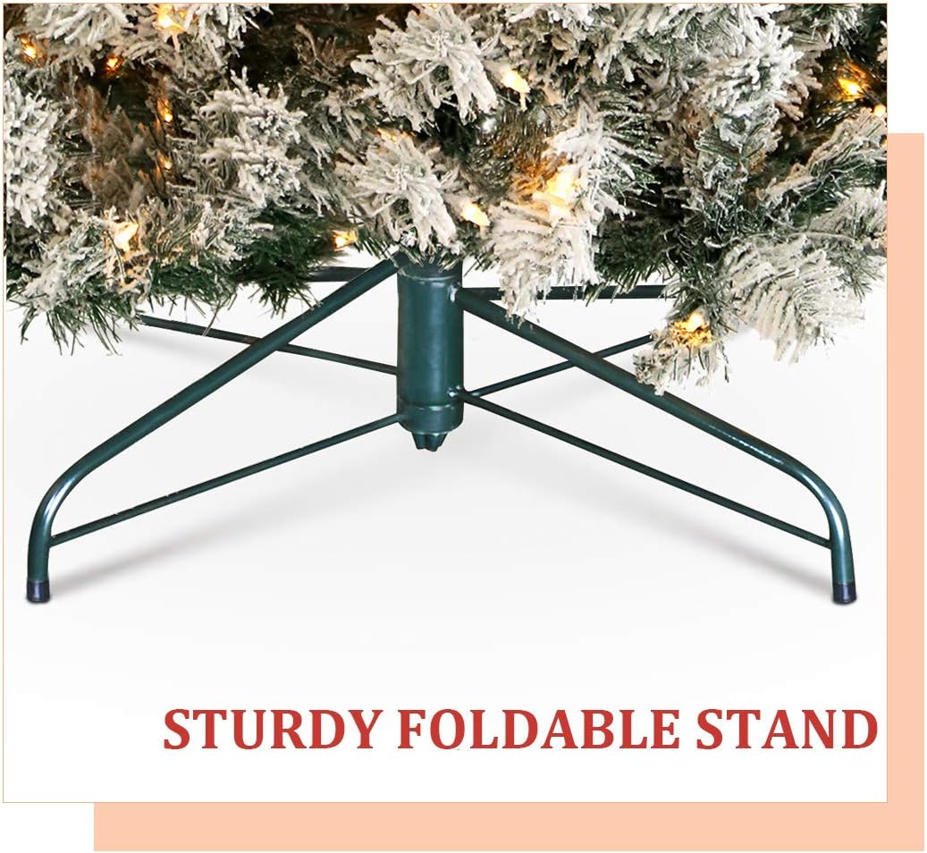 HOMAKER Pre-Lit 7FT Snow Flocked Christmas Tree, Hinged Artificial Christmas Pine Tree 350 Warm White Lights Easy Assembly Foldable Metal Stand Holiday Decoration
