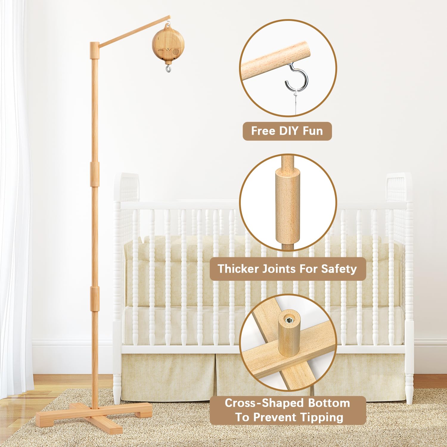 FEISIKE Baby Crib Mobile Arm with Music Box Spin Motor, 57.4 Inch Mobile Arm for Crib Wooden Nursery Decor Hanger Holder for DIY Mobile