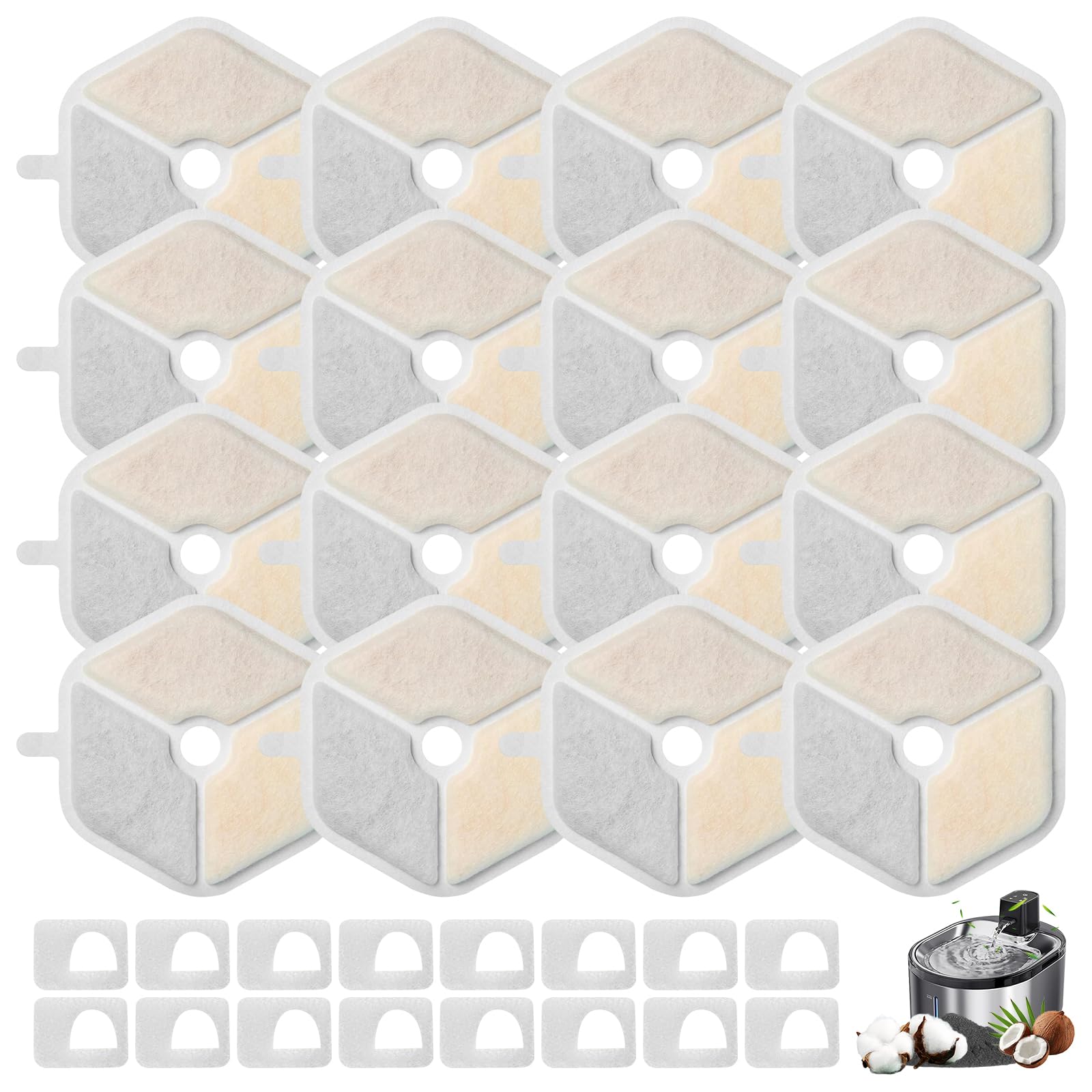 16 Sets Replacement Filter & Sponges for Smartoo 152oz/4.5L Pet Cat Water Fountain, Fountain Filters Compatible with Wireless Stainless Steel Cat Water Fountain PTM-643