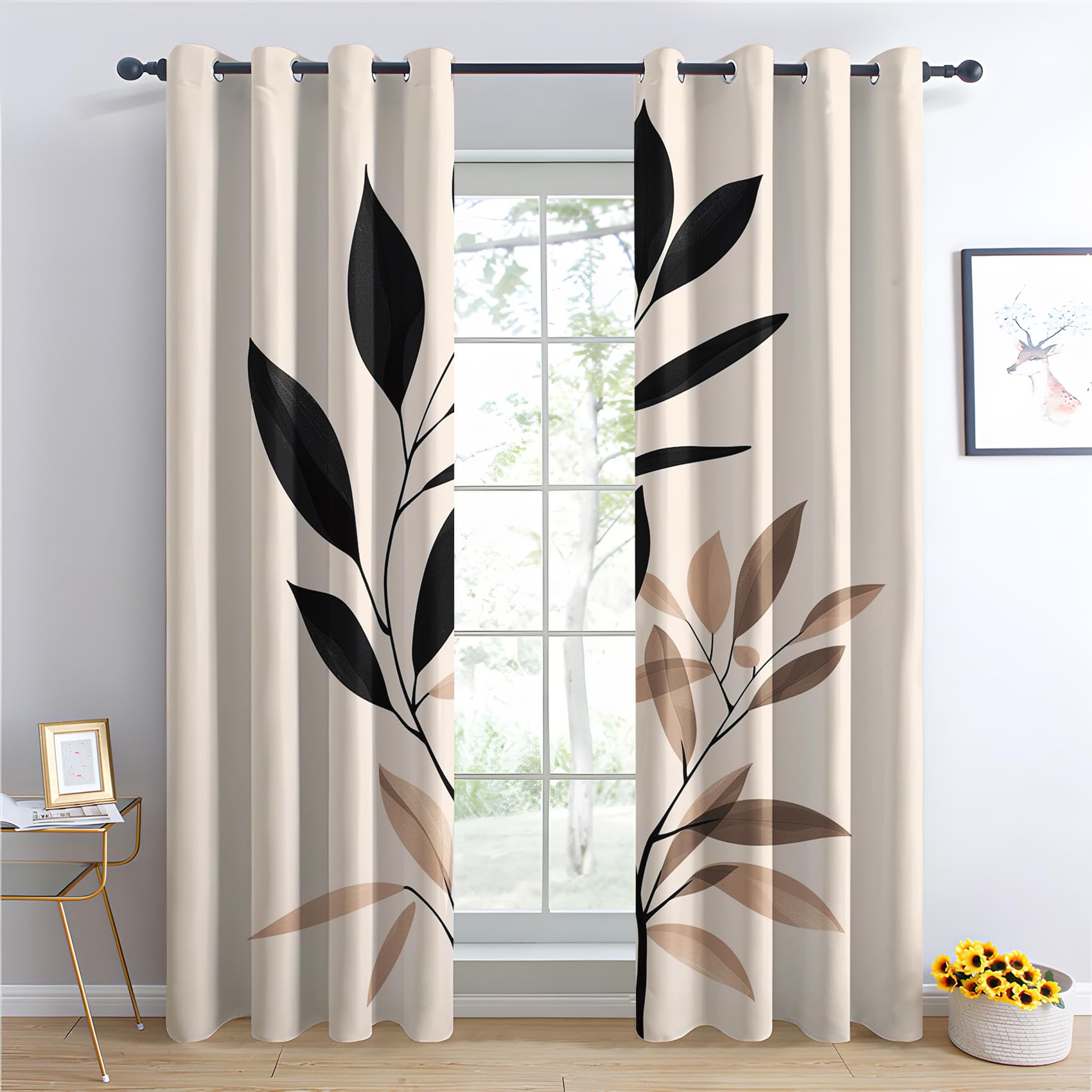 Generisch Vorhänge Blätter - Minimalistisch Beige Fenster Gardinen mit Ösen, Vorhang Blickdicht Verdunklungsvorhänge Thermovorhang für Wohnzimmer Schlafzimmer Deko 2er Set, H 220 x B 140 cm X-&316