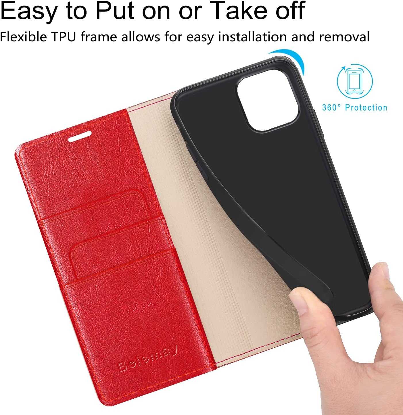 Belemay Case Compatible with iPhone 15 Wallet Case-Genuine Leather-RFID Blocking Card Holders-Shockproof TPU Shell-Kickstand-Durable Flip Cover-Book Folding Phone Case Women Men (6.1-inch) Red