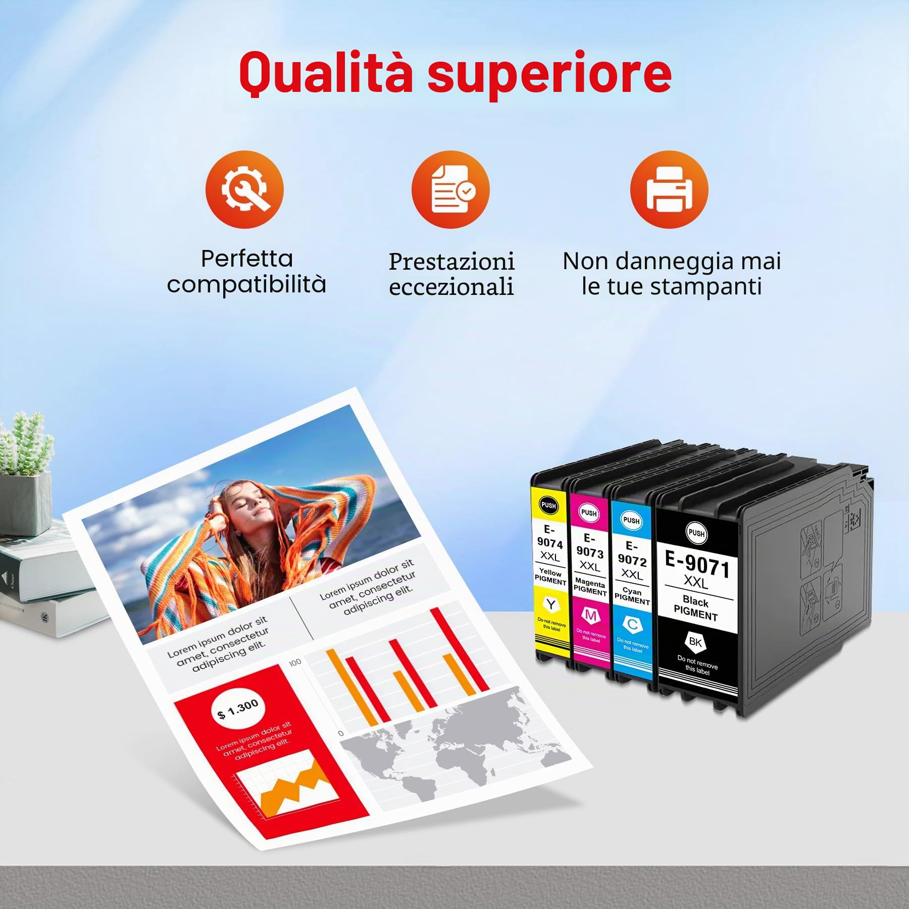 T9071 T9072 T9073 T9074 Inchiostri compatibili con EPS T9071XXL T9072XXL T9073XXL T9074XXL Multipack per stampanti Workforce Pro WF-6000, WF-6090, WF-6590 (4 pezzi, nero, ciano, magenta