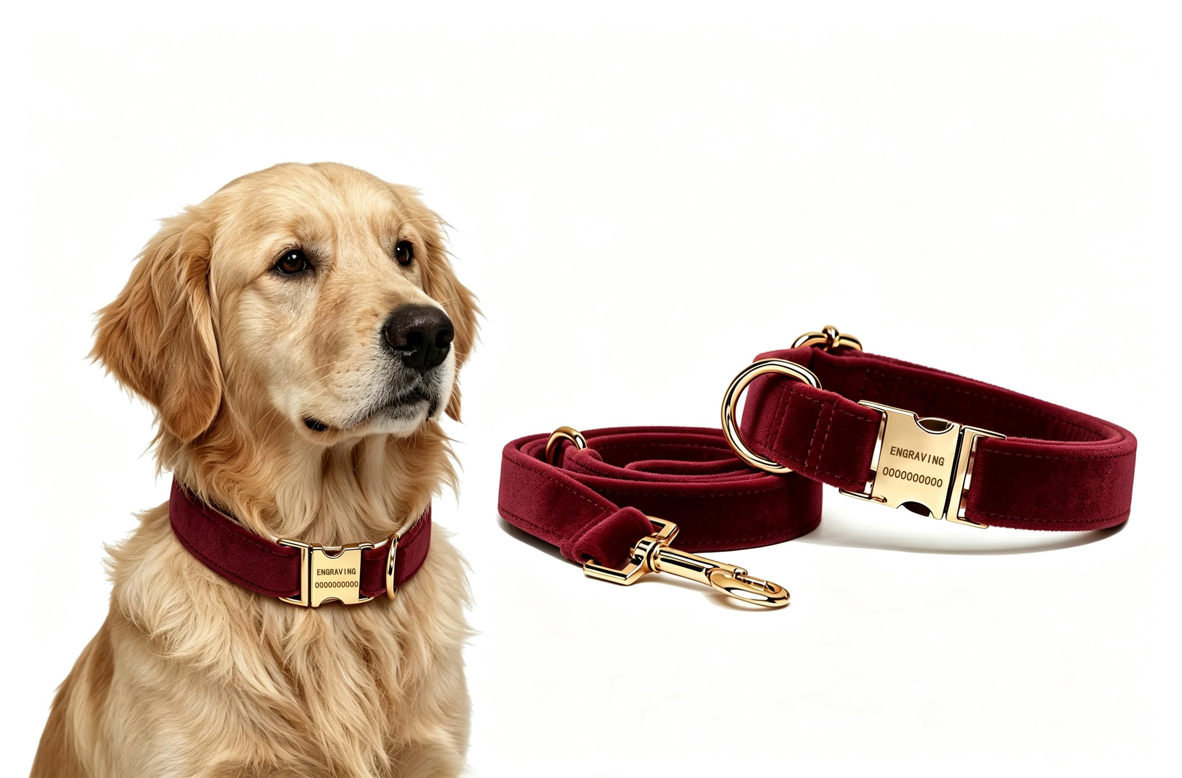 Personalized Dog Collar and Leash Set, Custom Engraved Velvet Dog Collar with Name and Ph…
