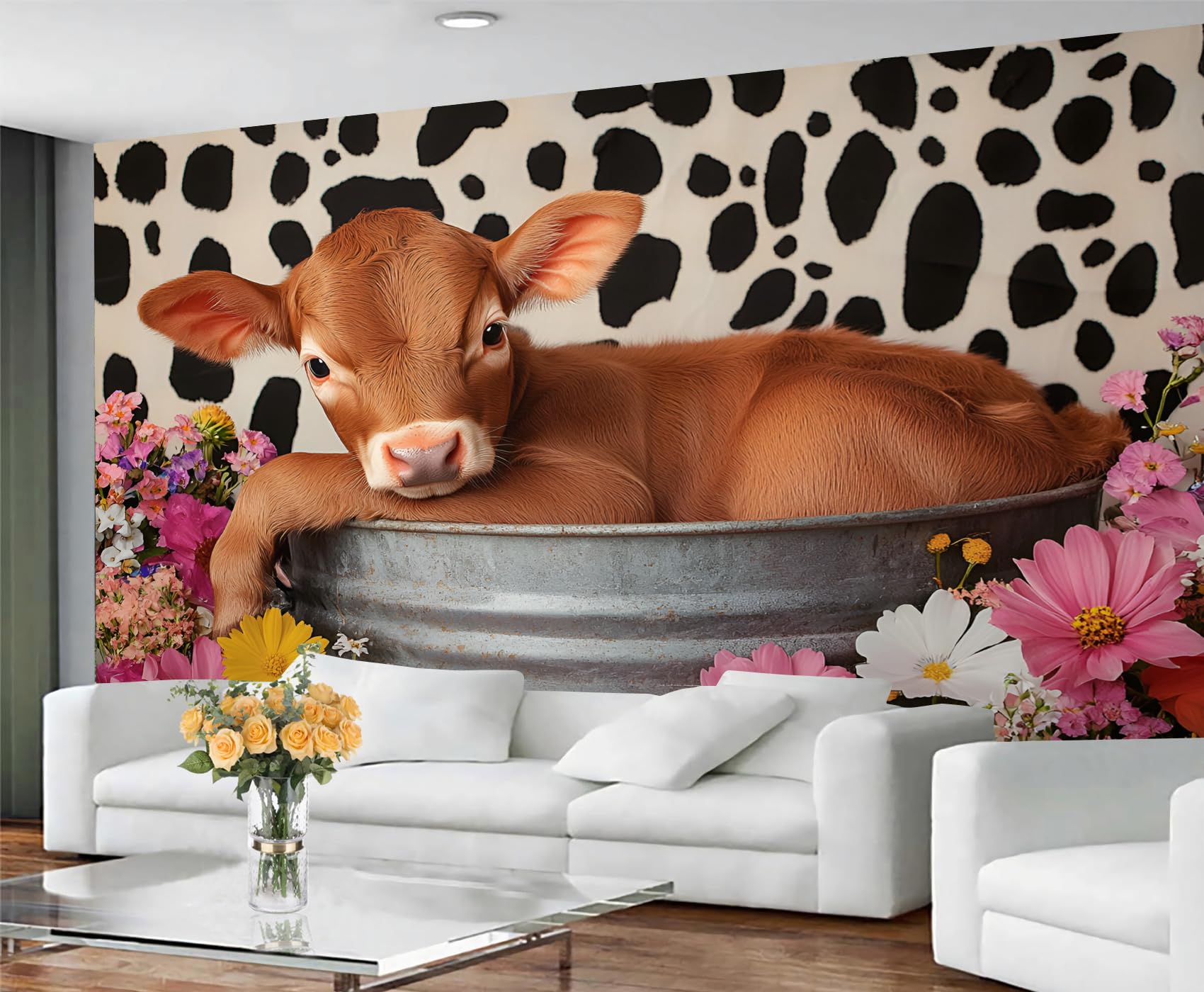 GIVLWF Wallpaper - Funny Cow Mural & Home Decor, Farmhouse Rustic Floral Bedroom Wallpaper, Cute Animals Wall Paper for Living Room, Large Mural, Not Self Adhesive