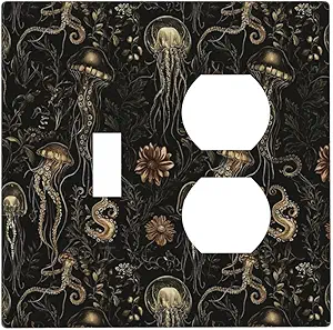 Decorative Outlet Covers Black Gold Jellyfish Squid Deep Sea Creatures 2 Gang Outlet Cover Wall Plate Single Toggle Duplex Light Switch Cover Plate Switch Plate Covers for Home Decor