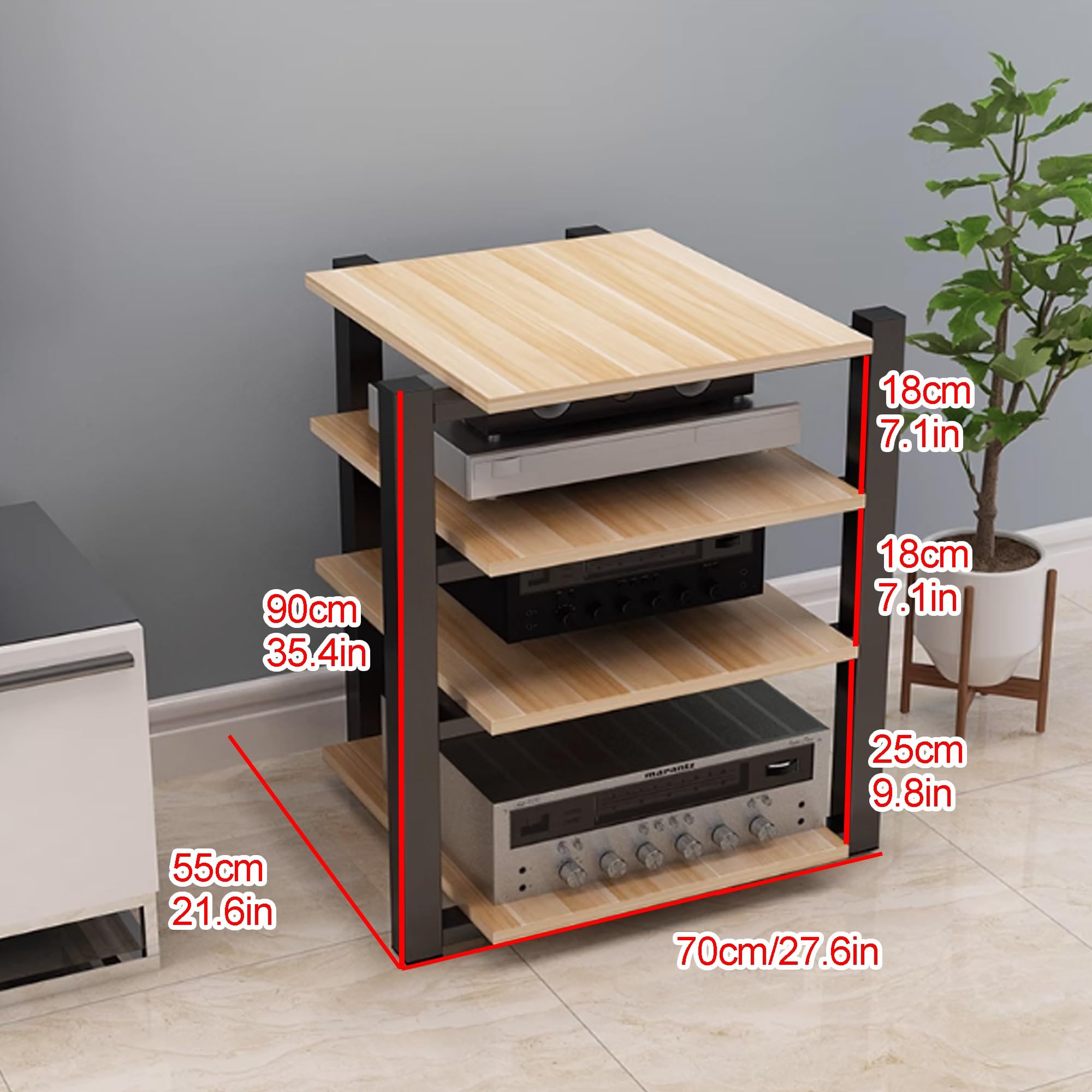 Pomelo Étagère en bois à 4 niveaux pour matériel audio-vidéo 70 x 55 x 90 cm