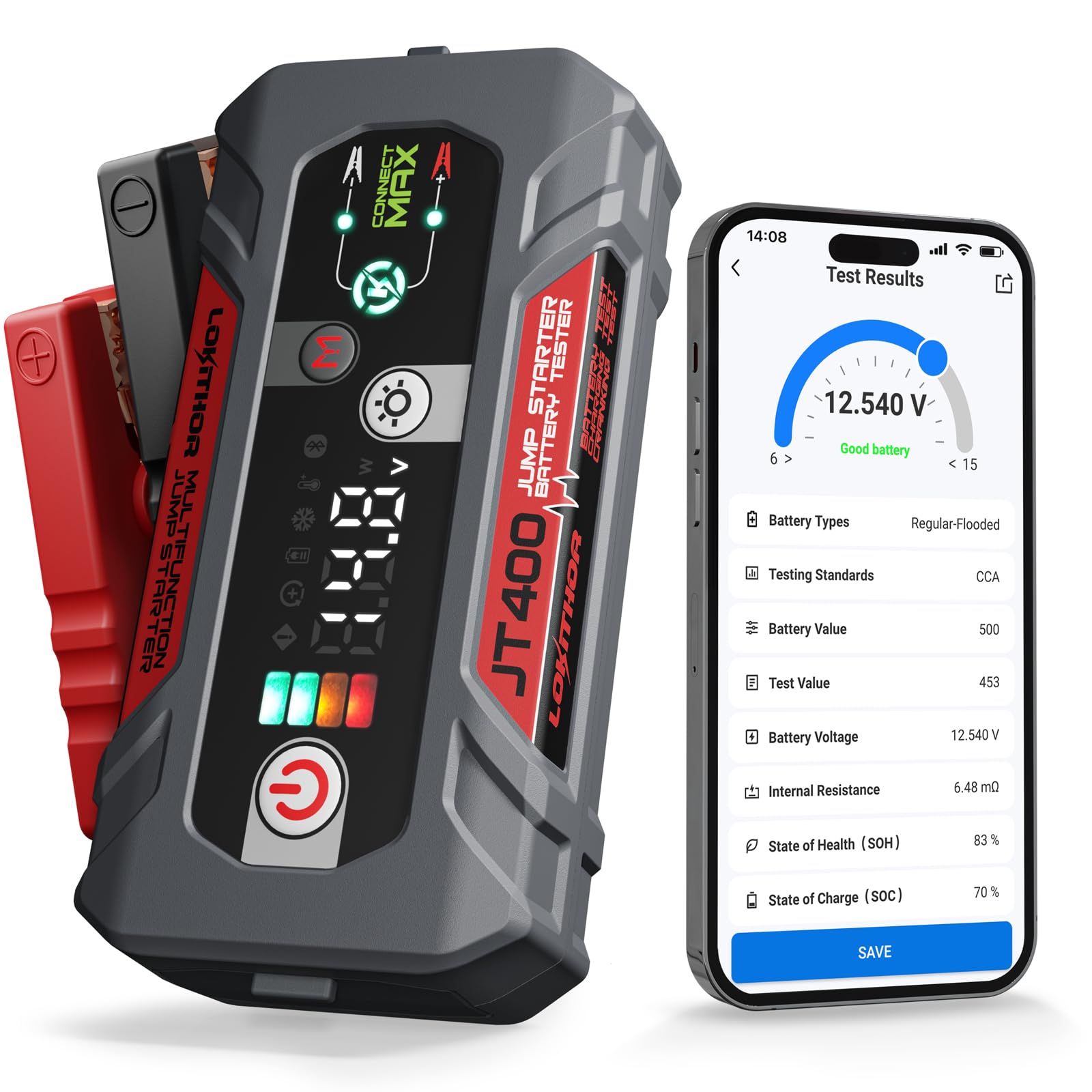 LOKITHOR JT400 2500A Portable Jump Starter with Battery Tester 12V Car Battery Jump Starter for Up to 8